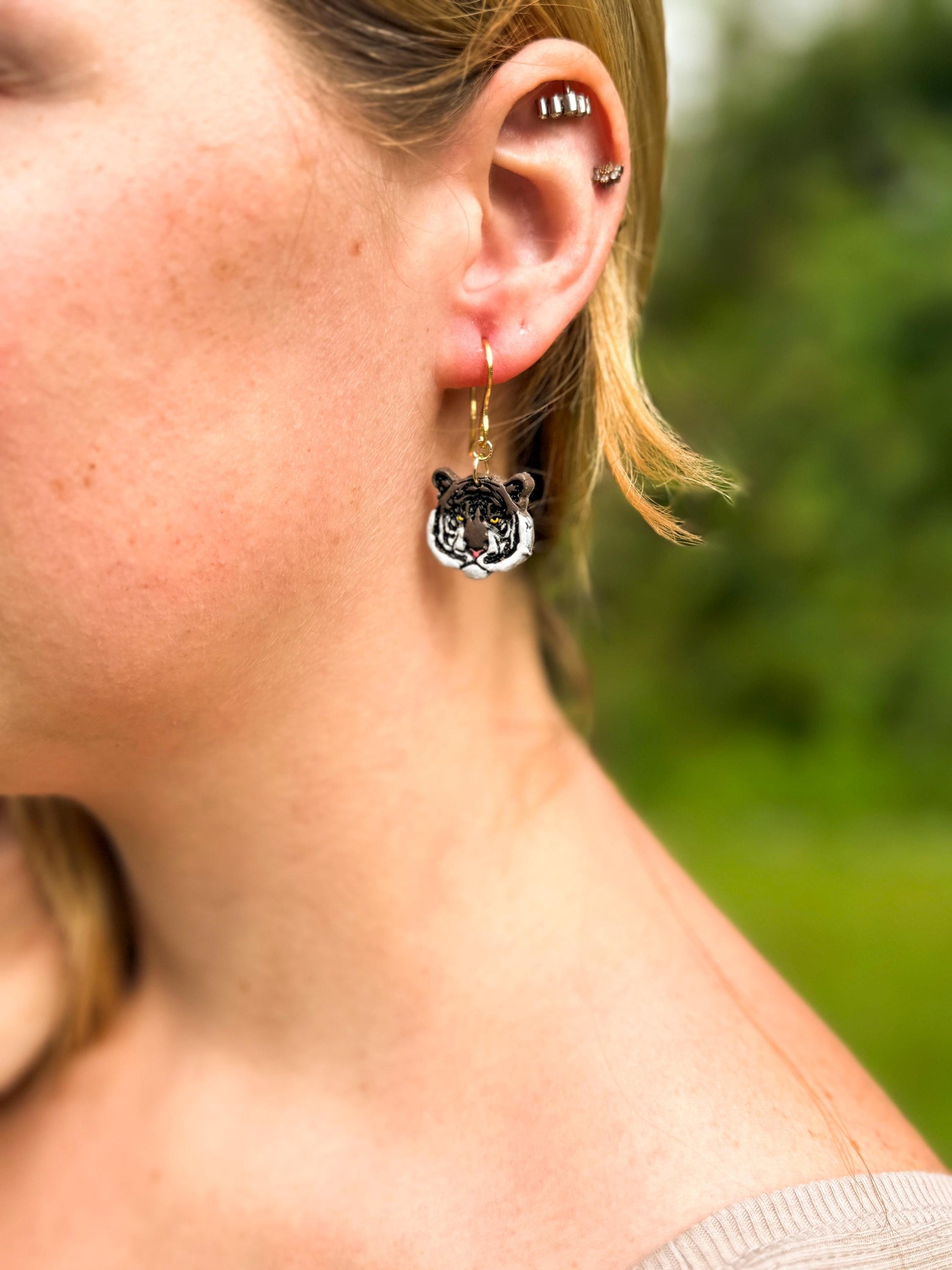 Hand-Painted Polymer Clay Tiger Earrings: Wildcat Animal Lover Dangles