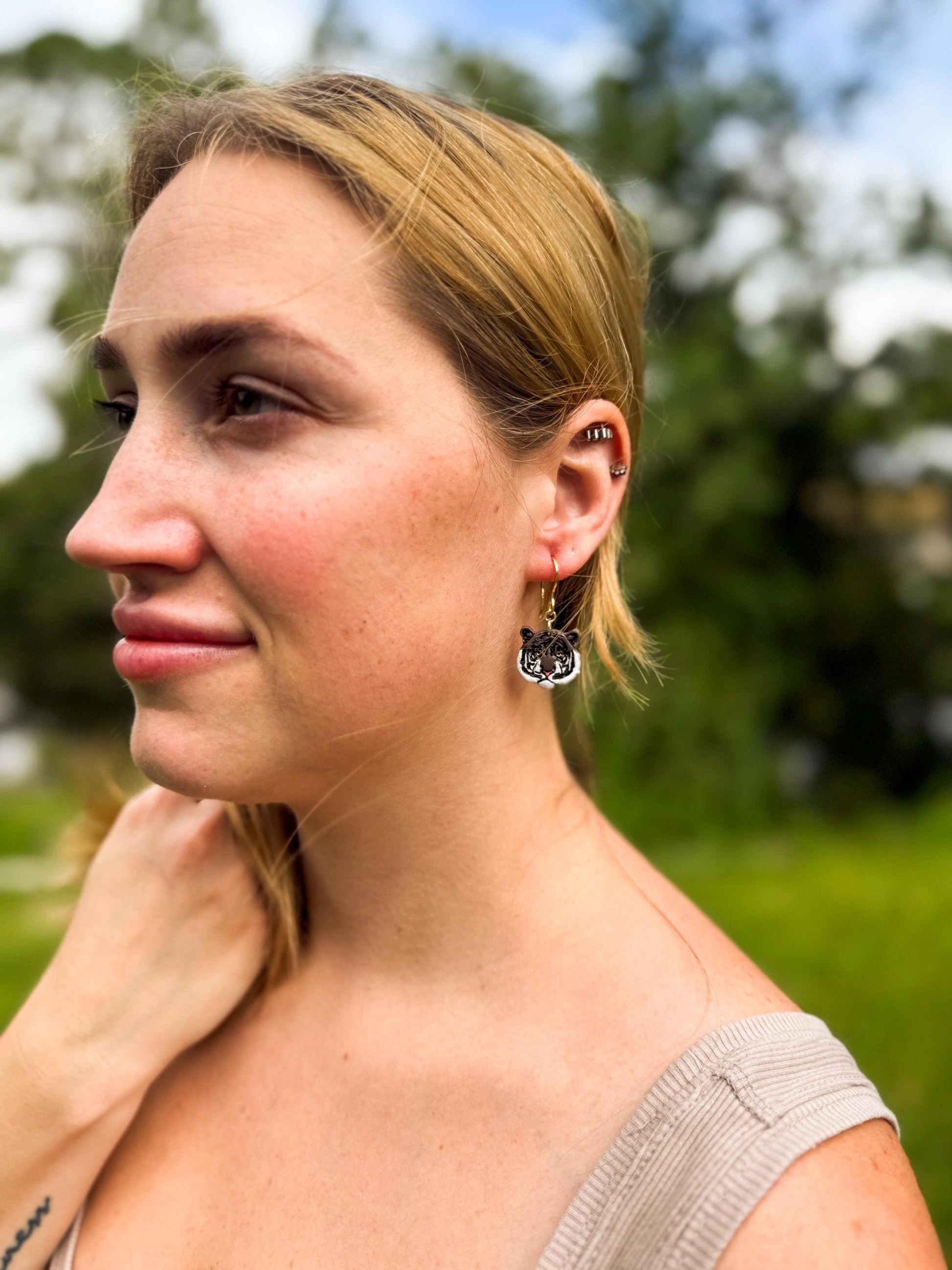 Hand-Painted Polymer Clay Tiger Earrings: Wildcat Animal Lover Dangles
