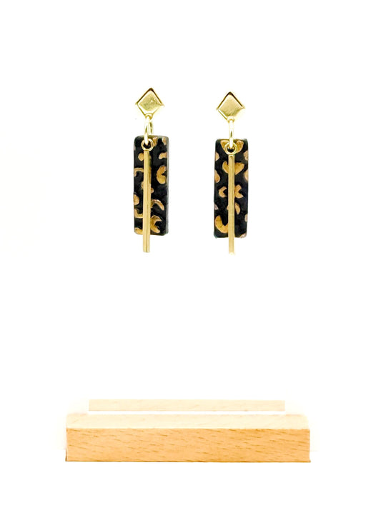 Leopard Print Polymer Clay Dangle Earrings: Gold Bar Cheetah Jewelry