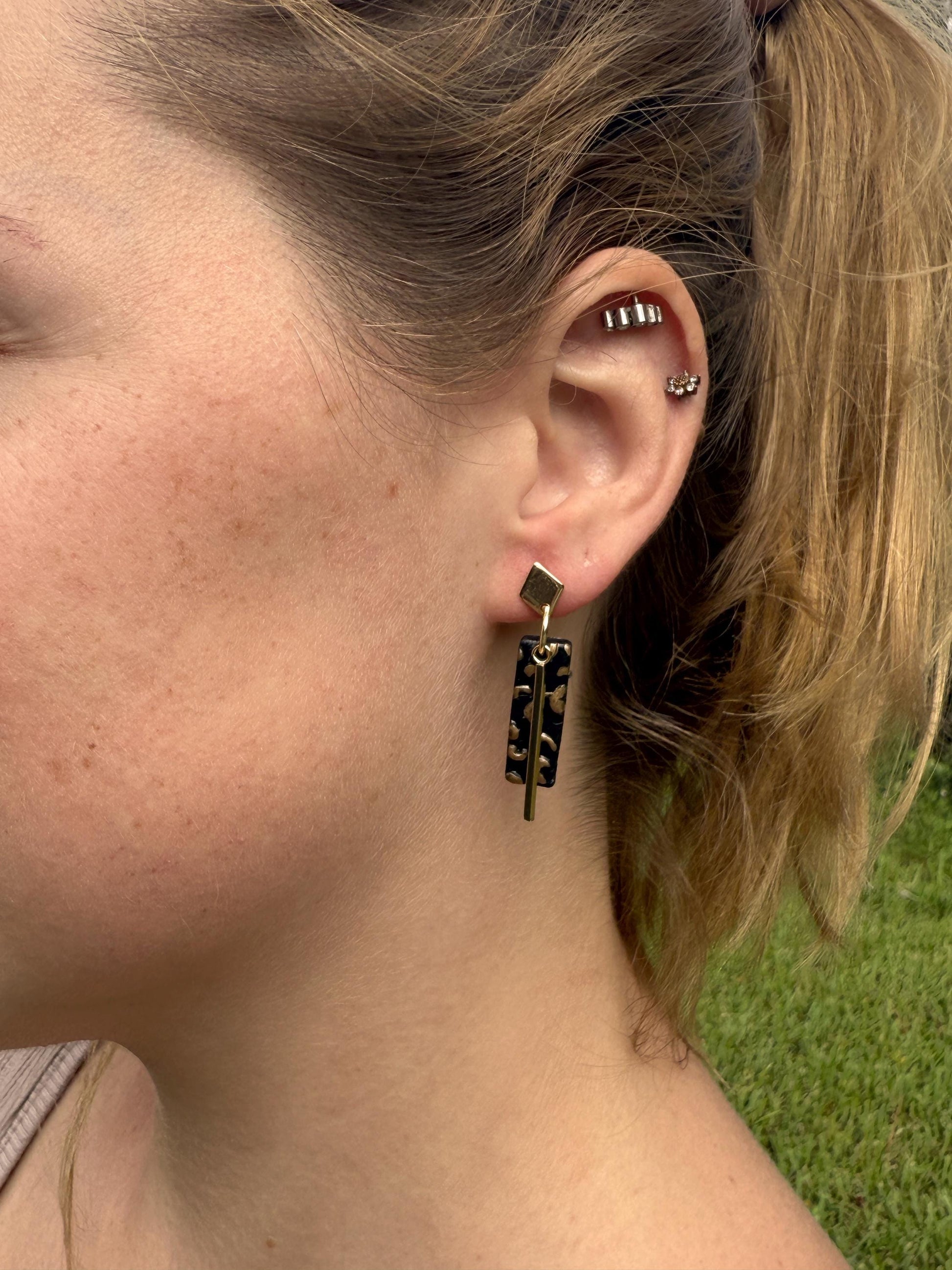 Leopard Print Polymer Clay Dangle Earrings: Gold Bar Cheetah Jewelry