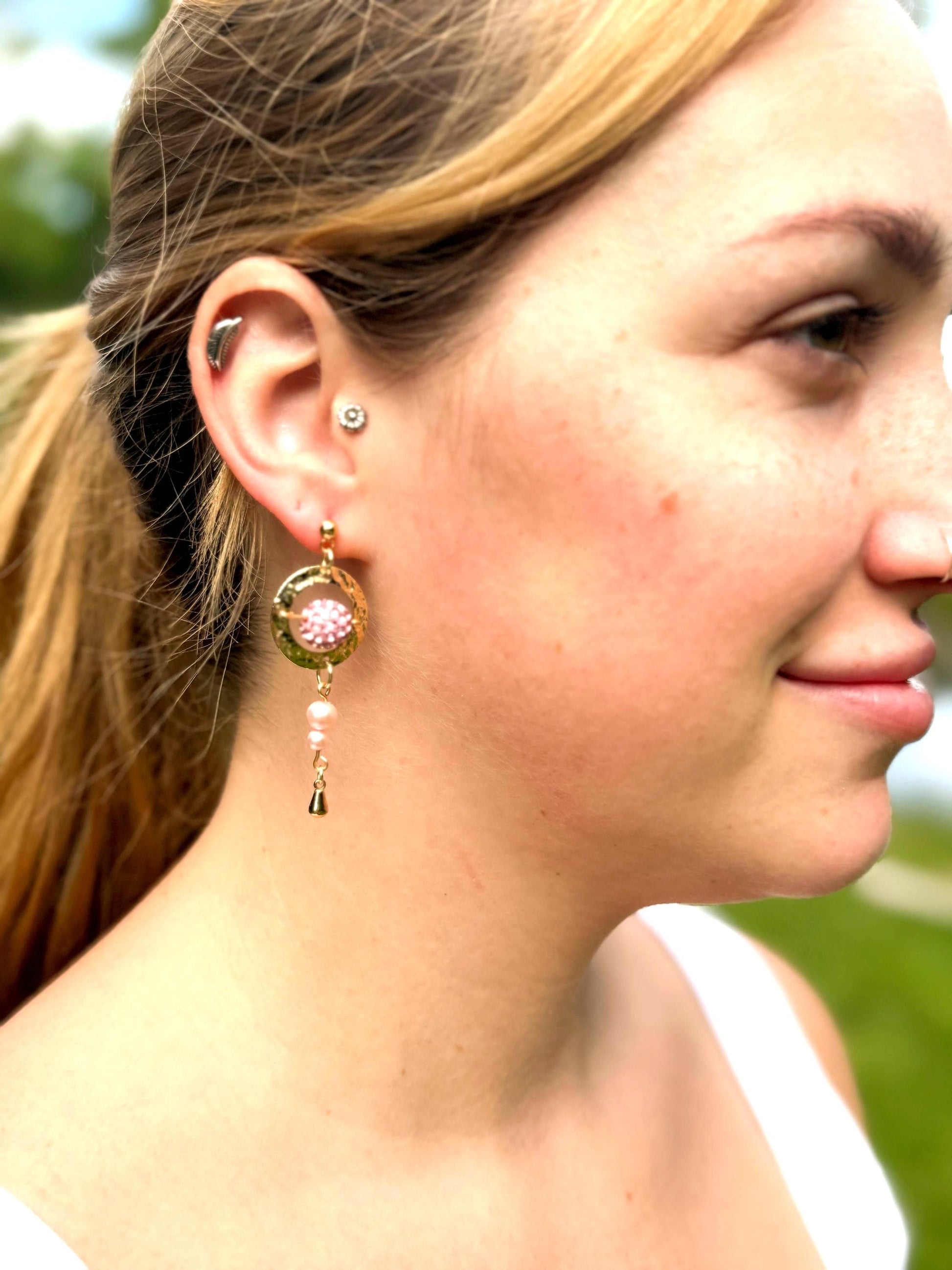 Gold & Pink Bead Drop Earrings – Hammered Hoop Dangles, Feminine Gift