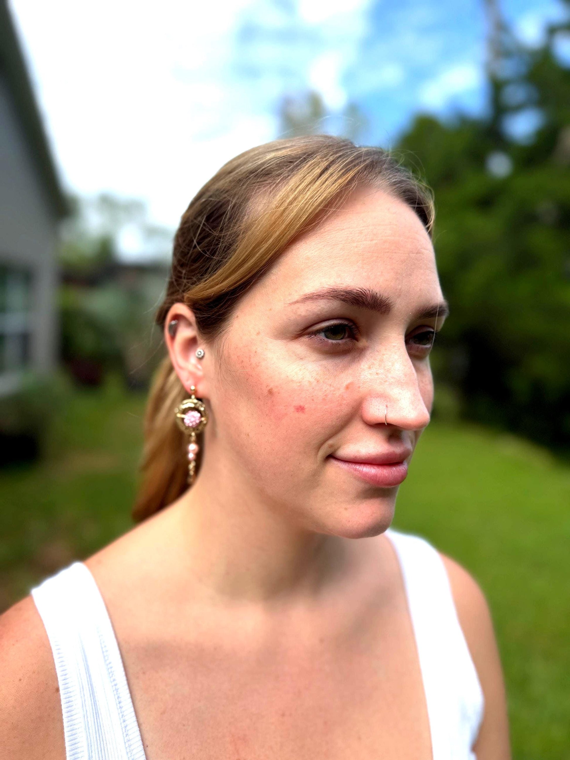 Gold & Pink Bead Drop Earrings – Hammered Hoop Dangles, Feminine Gift