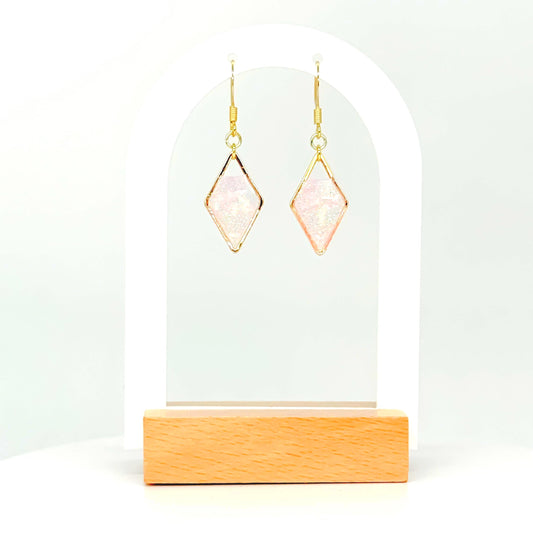 Iridescent Geometric Diamond Threader Earrings – Clear Resin with Pink Glitter & Holographic Triangles