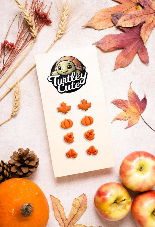 Tiny Fall Stud Earrings – Polymer Clay Pumpkin & Leaf Posts