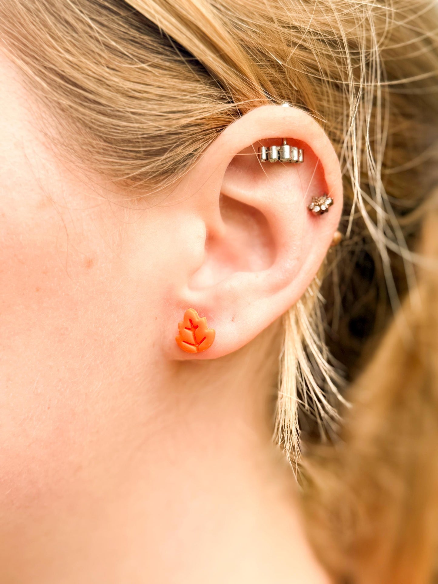 Tiny Fall Stud Earrings – Polymer Clay Pumpkin & Leaf Posts
