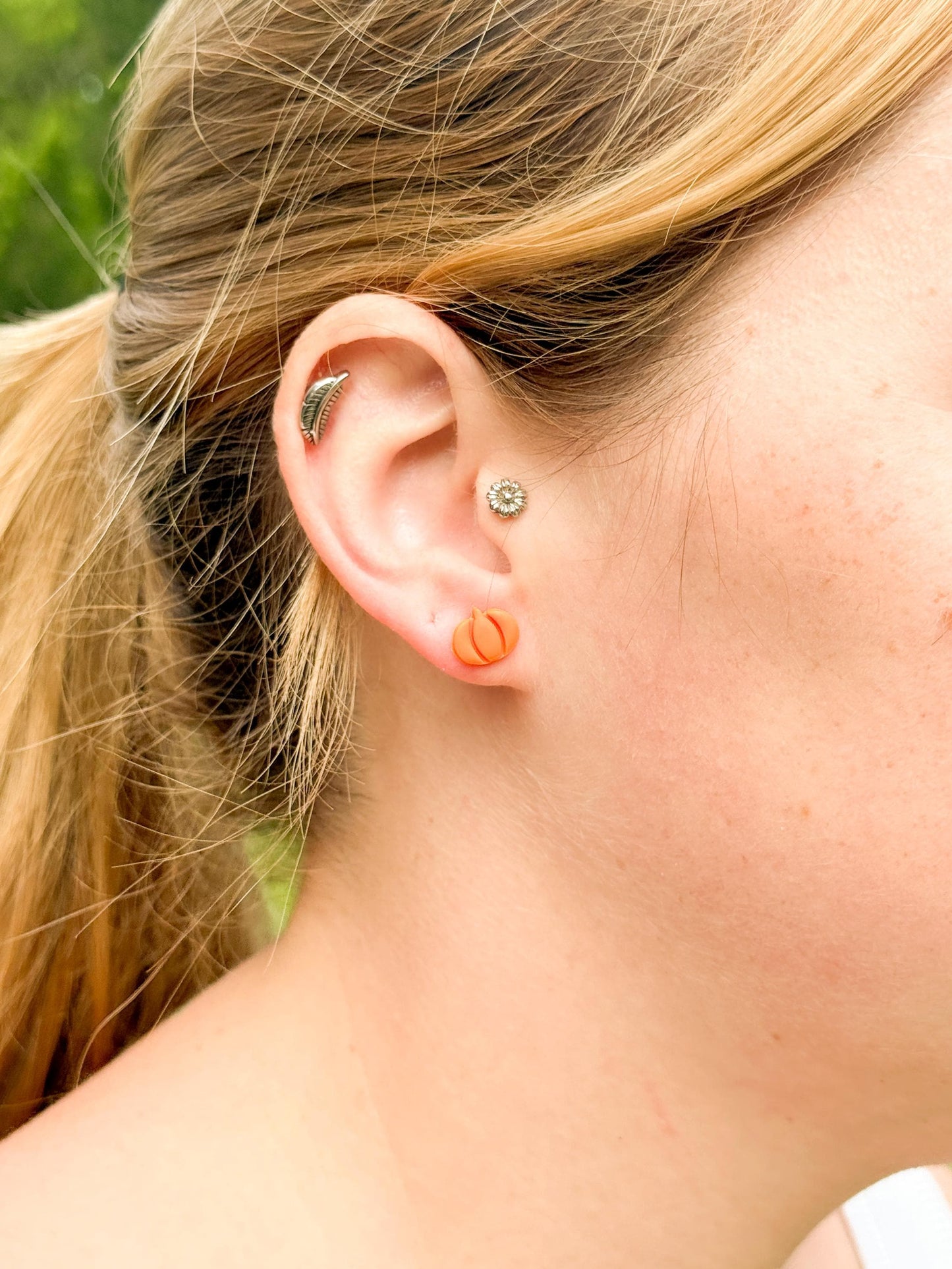 Tiny Fall Stud Earrings – Polymer Clay Pumpkin & Leaf Posts