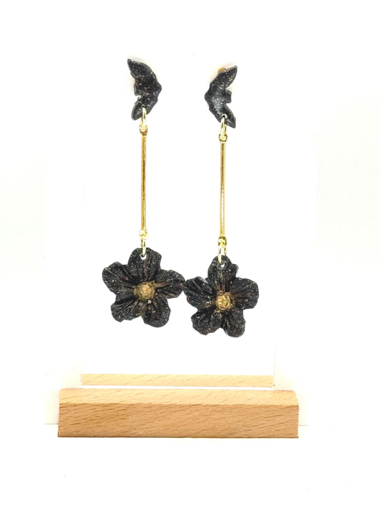 Black Bat & Flower Dangle Earrings: Handmade Polymer Clay Gothic Jewelry