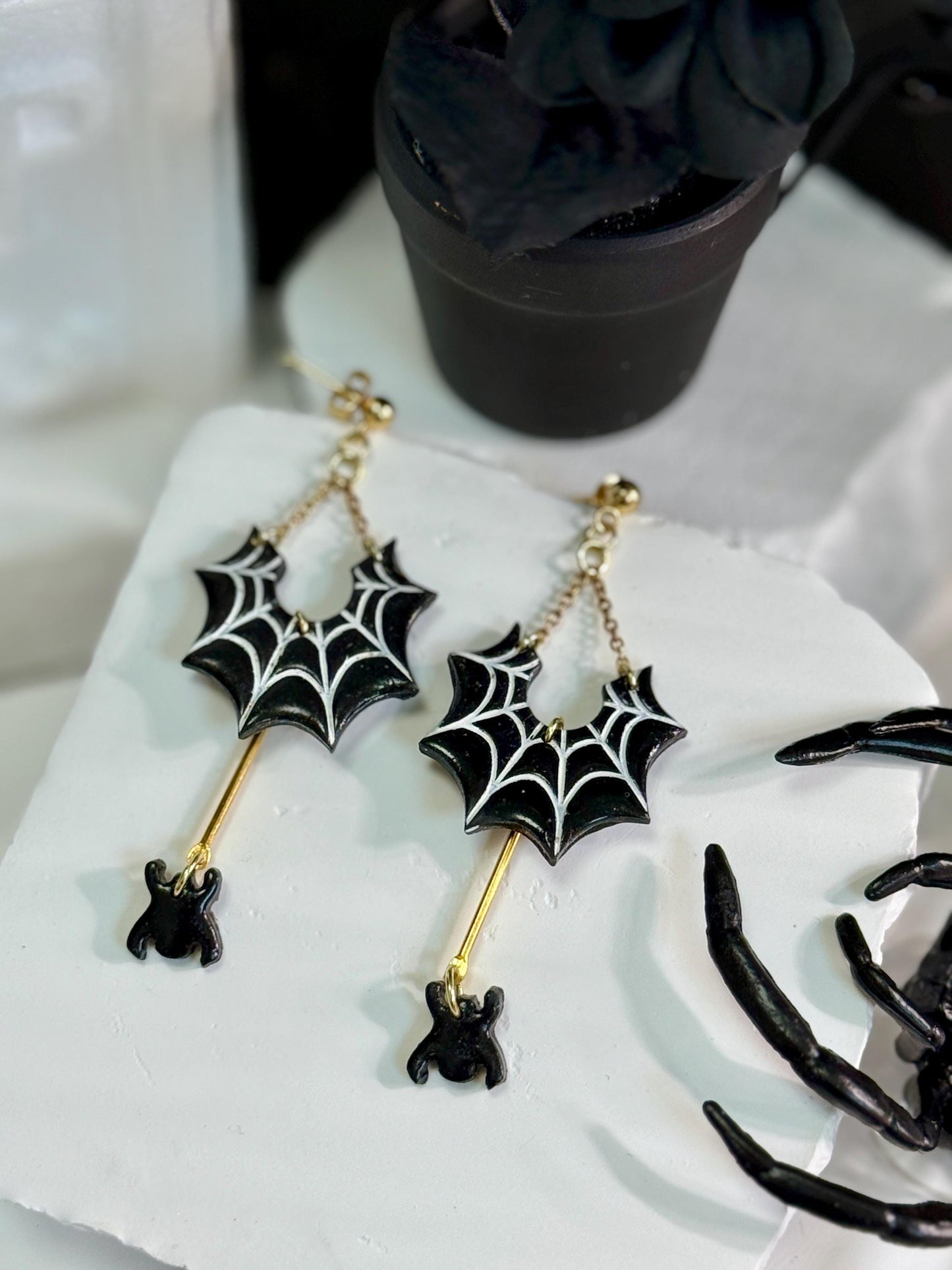 Spiderweb Ghost Dangle Earrings: Black & Gold Polymer Clay, Gold-Plated
