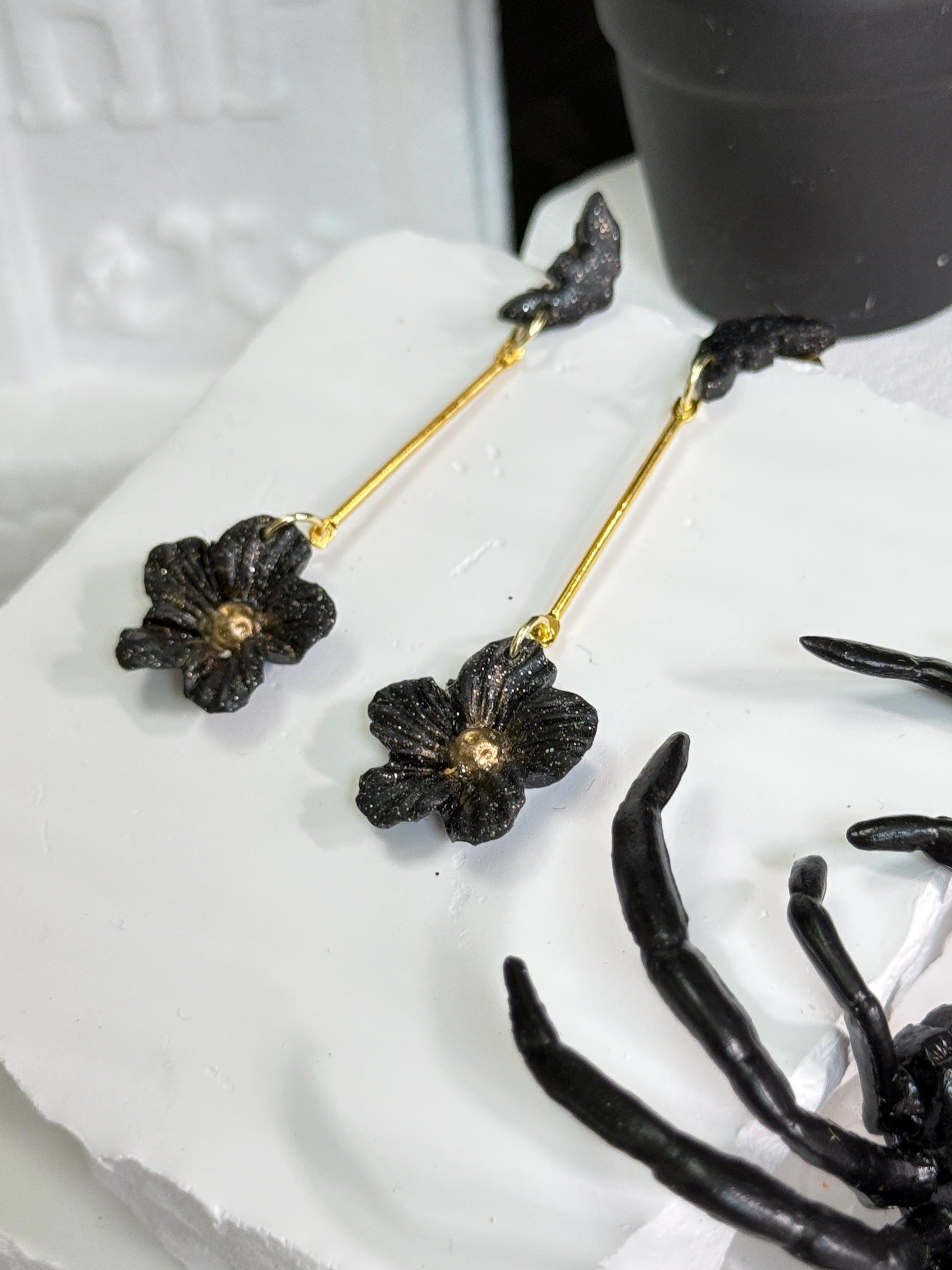 Black Bat & Flower Dangle Earrings: Handmade Polymer Clay Gothic Jewelry