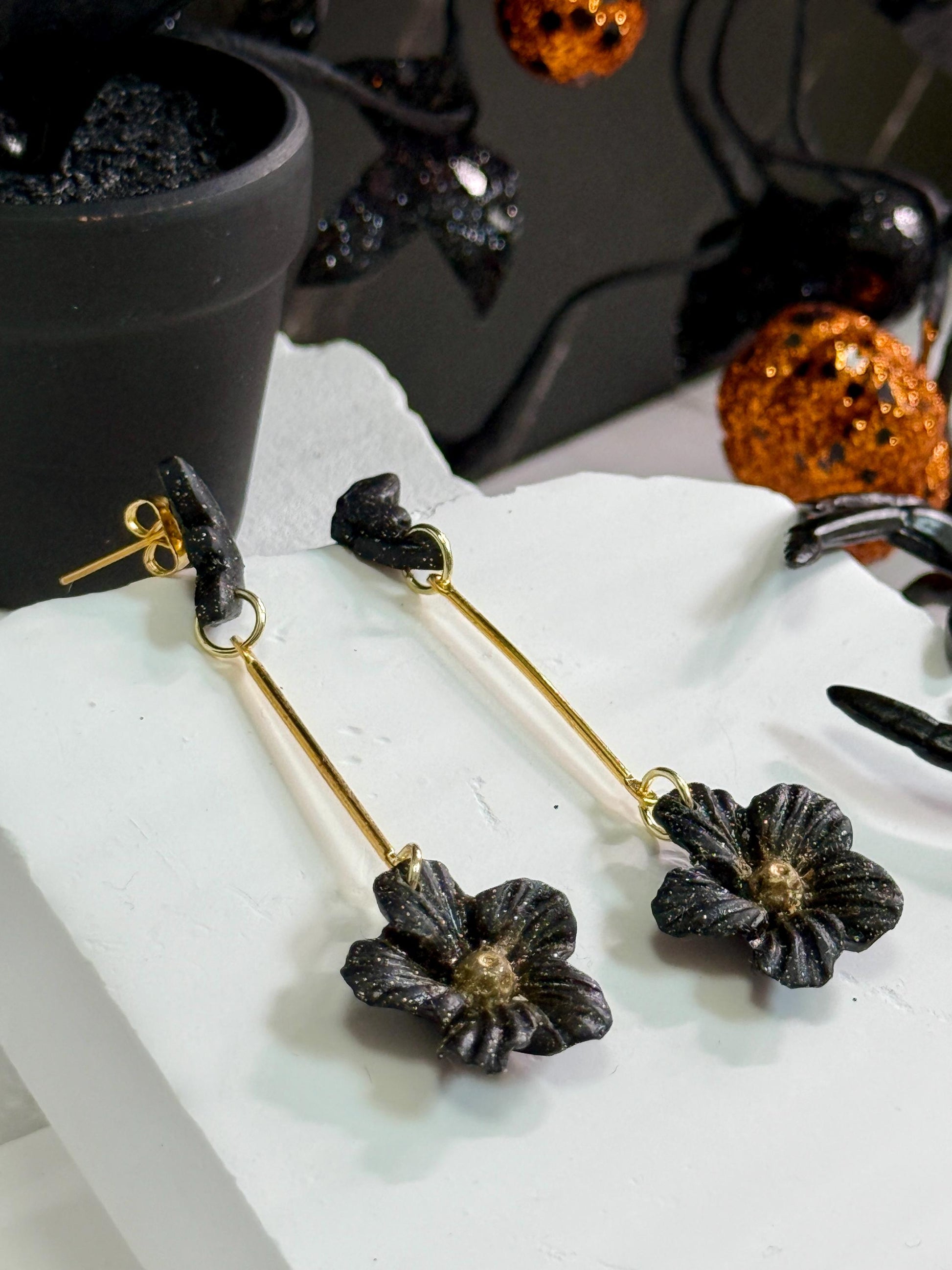 Black Bat & Flower Dangle Earrings: Handmade Polymer Clay Gothic Jewelry