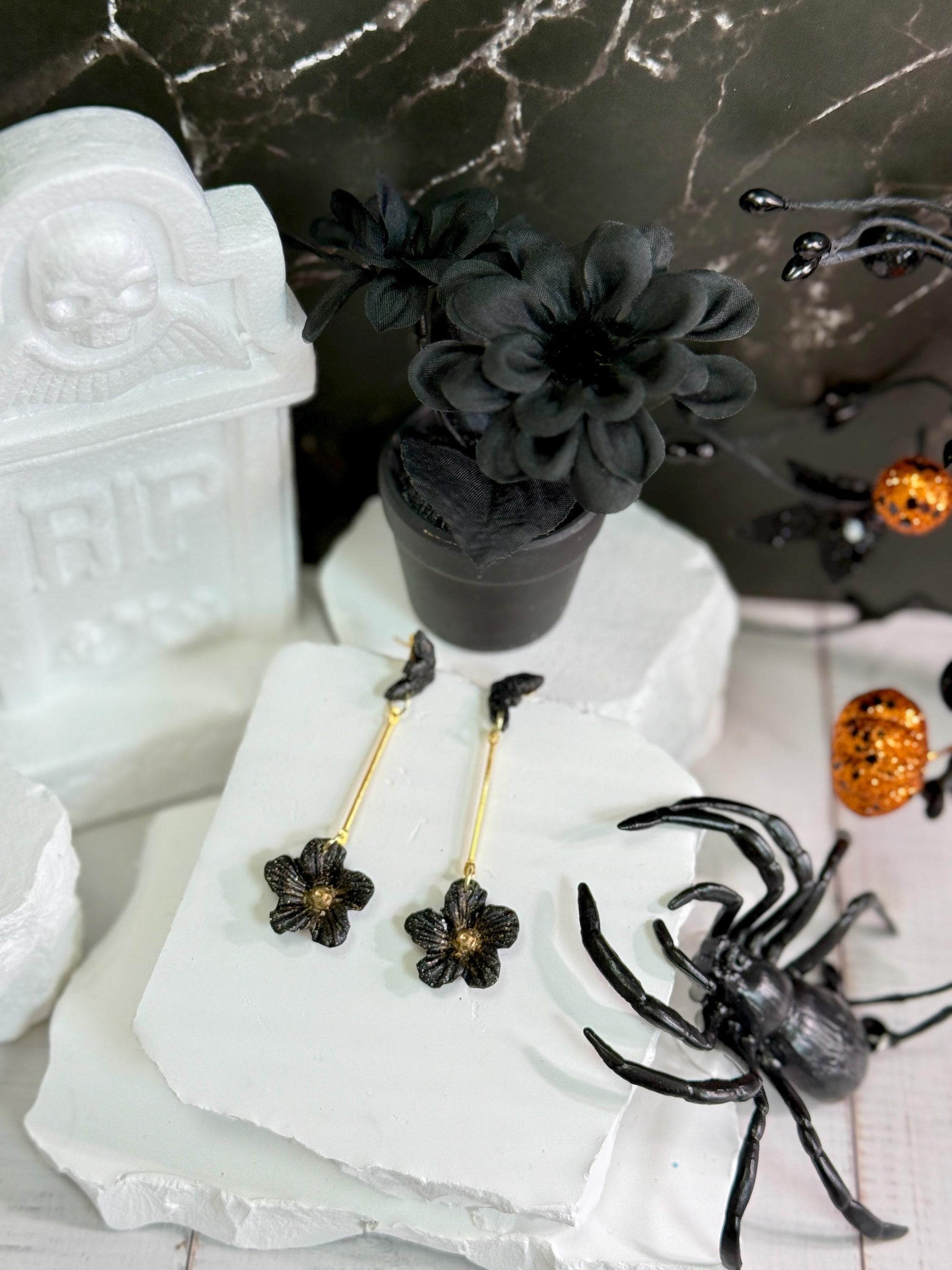Black Bat & Flower Dangle Earrings: Handmade Polymer Clay Gothic Jewelry