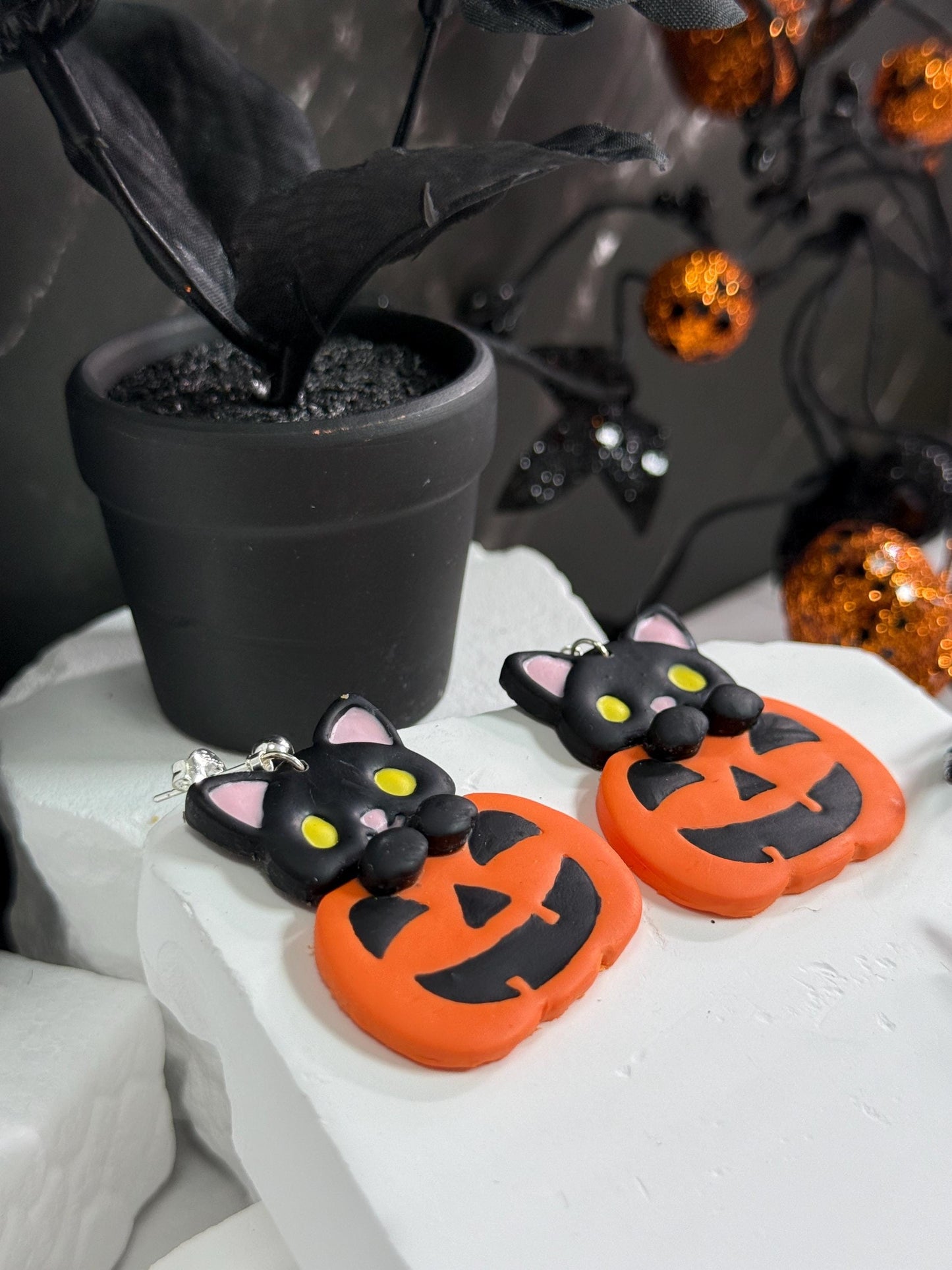 Black Cat Pumpkin Earrings: Kawaii Halloween Polymer Clay Dangles