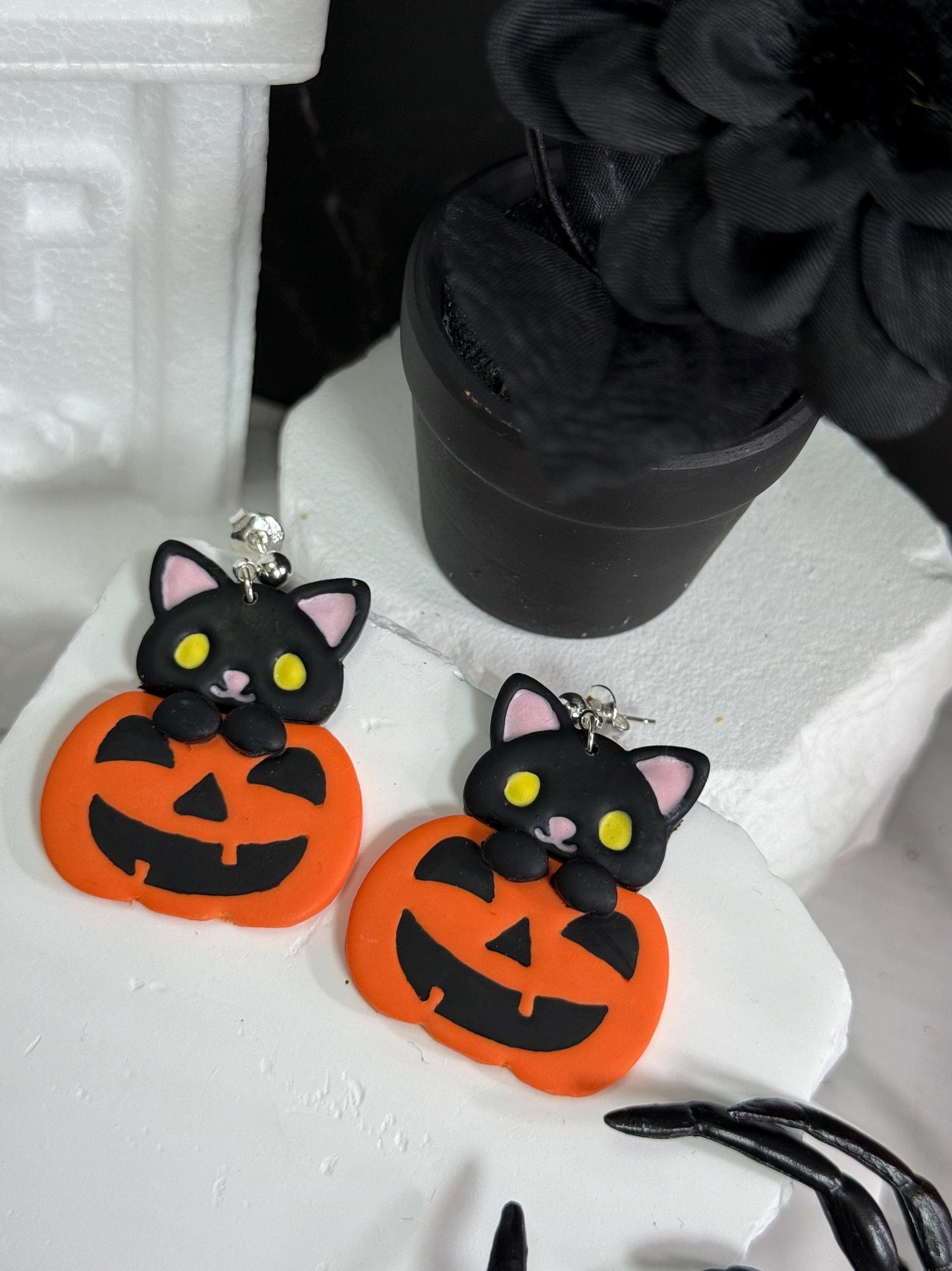 Black Cat Pumpkin Earrings: Kawaii Halloween Polymer Clay Dangles