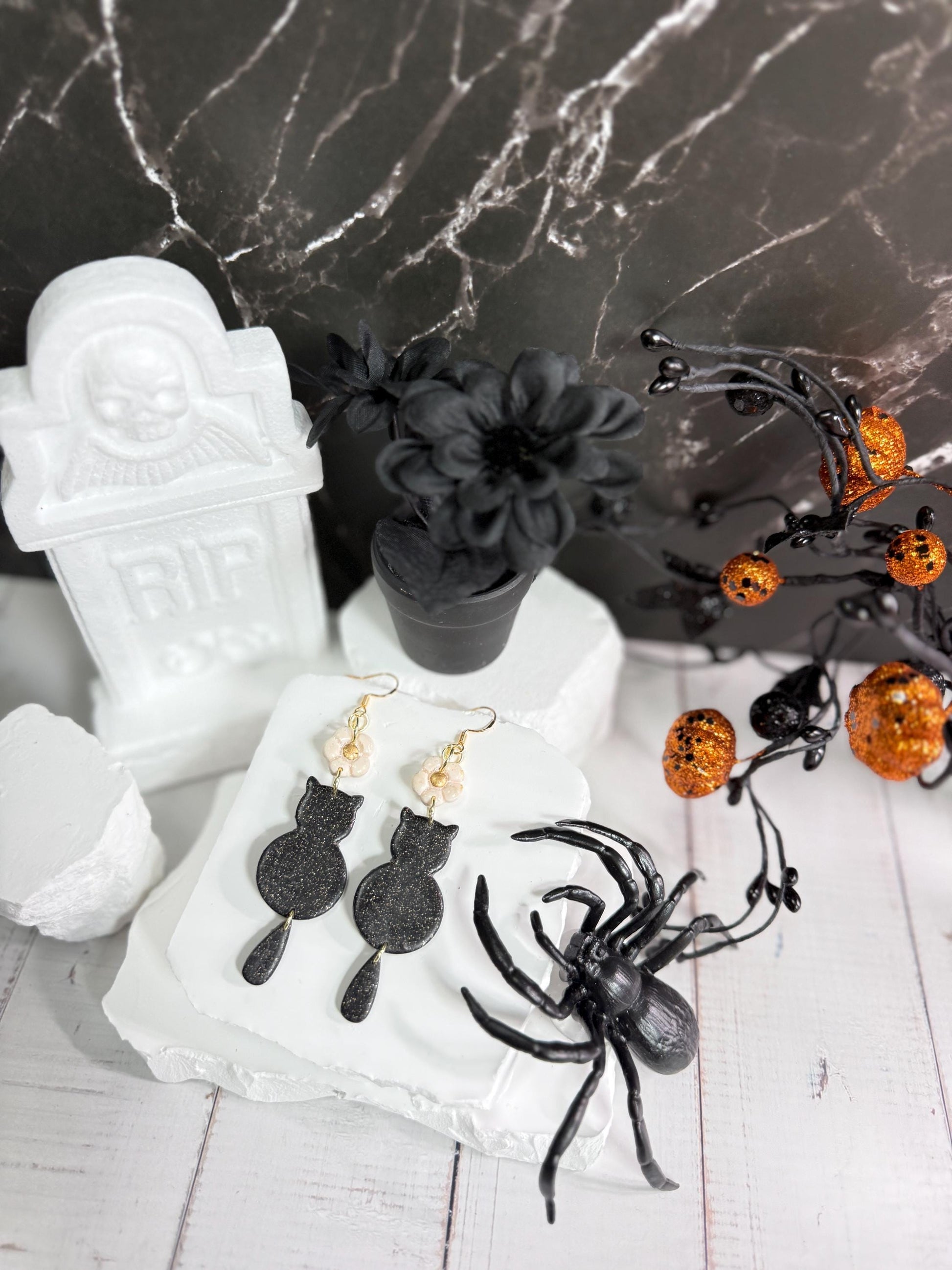 Black Cat Dangle Earrings: Polymer Clay Kitty, Halloween Jewelry