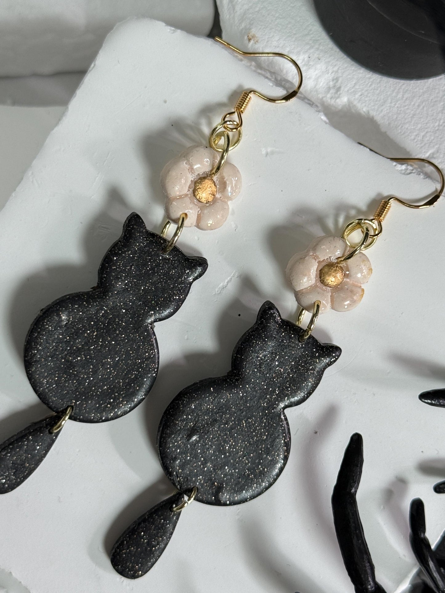 Black Cat Dangle Earrings: Polymer Clay Kitty, Halloween Jewelry