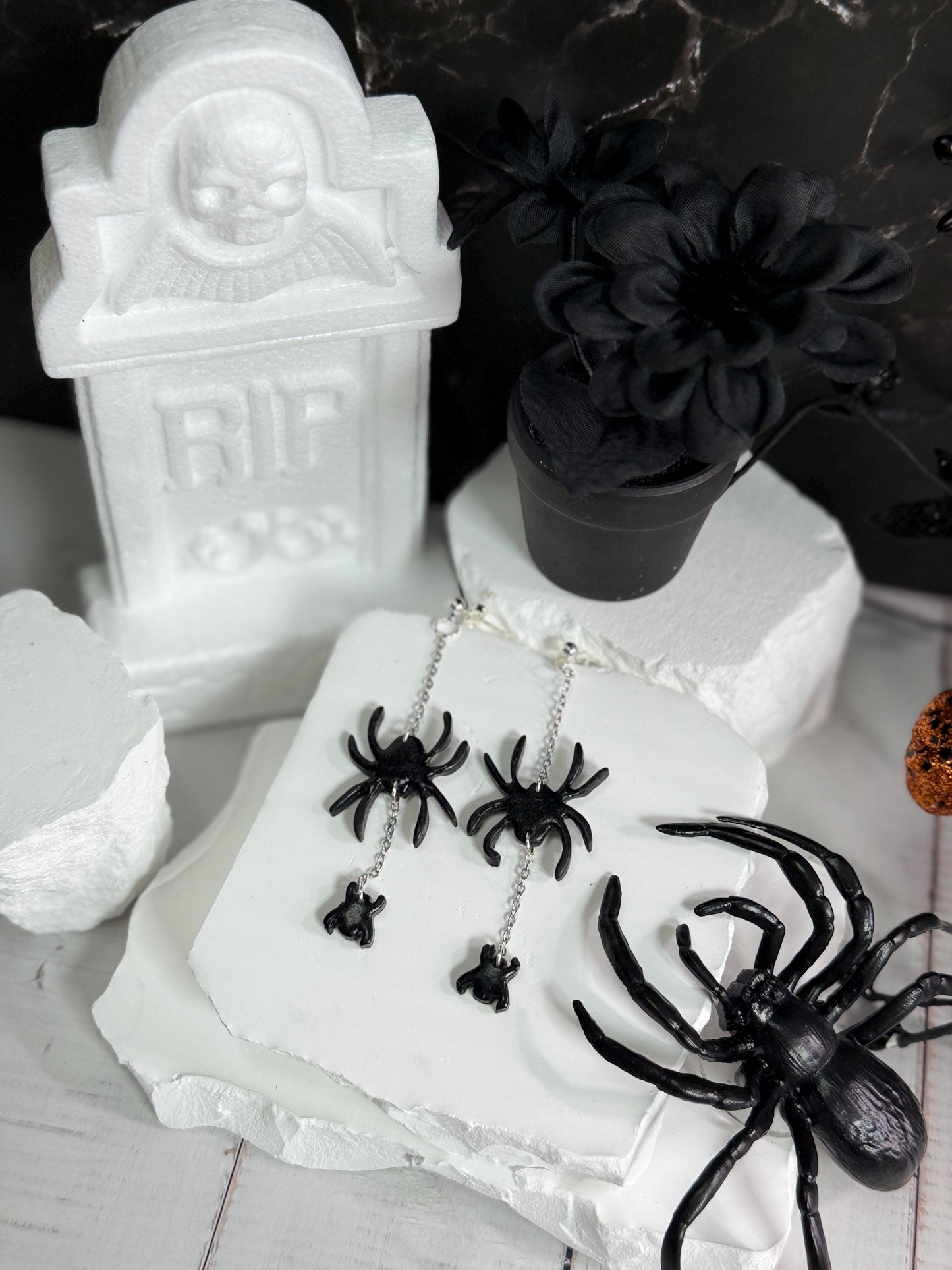 Sterling Silver Spider Dangle Earrings: Handmade Polymer Clay Halloween Jewelry