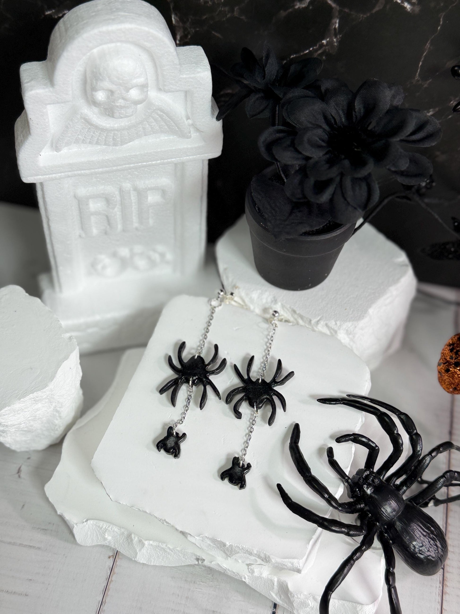 Sterling Silver Spider Dangle Earrings: Handmade Polymer Clay Halloween Jewelry