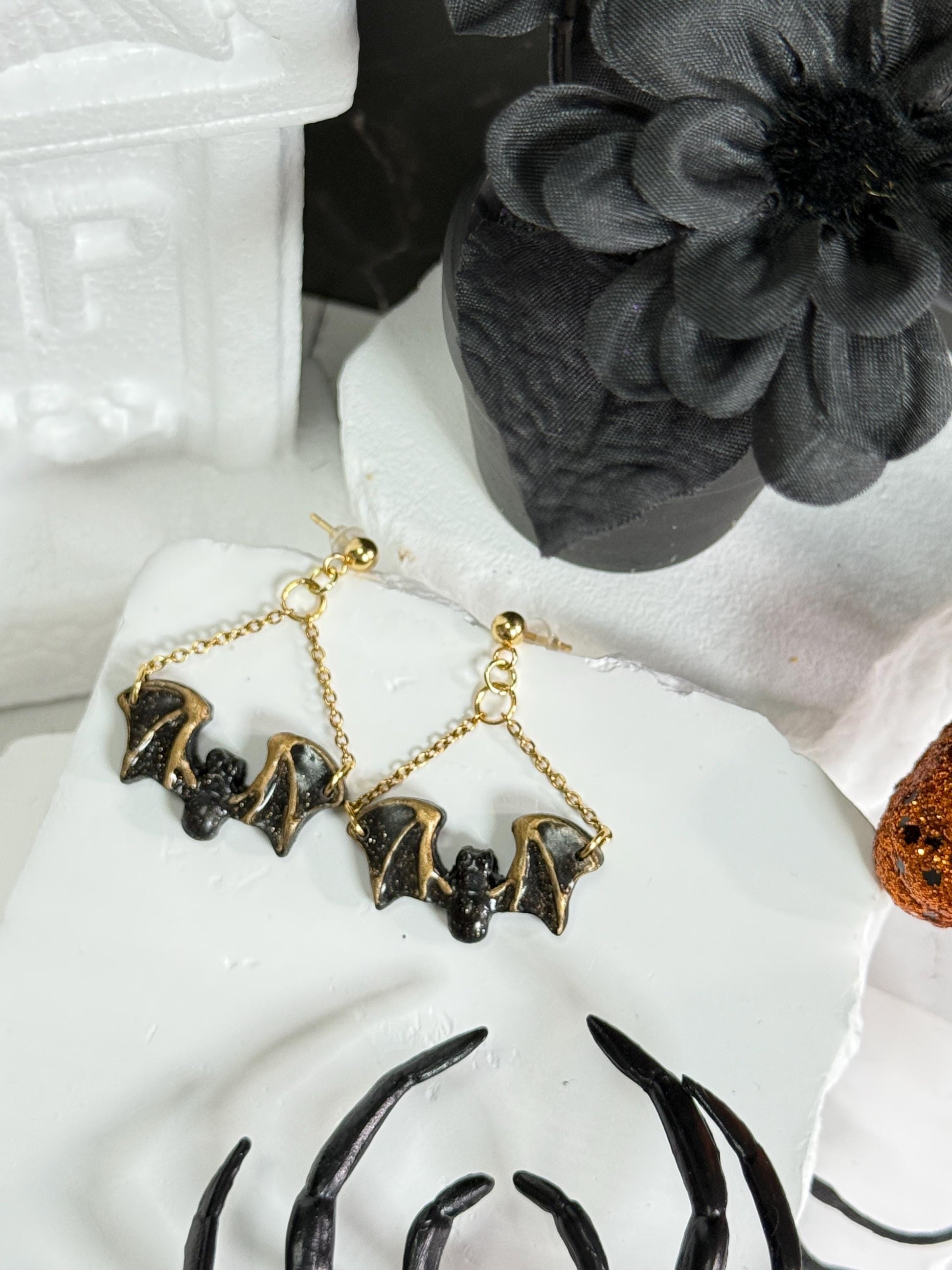 Halloween Earrings, Clay Earrings – Black Bat Chain Dangles in Resin & Gold | Spooky Fall Gift