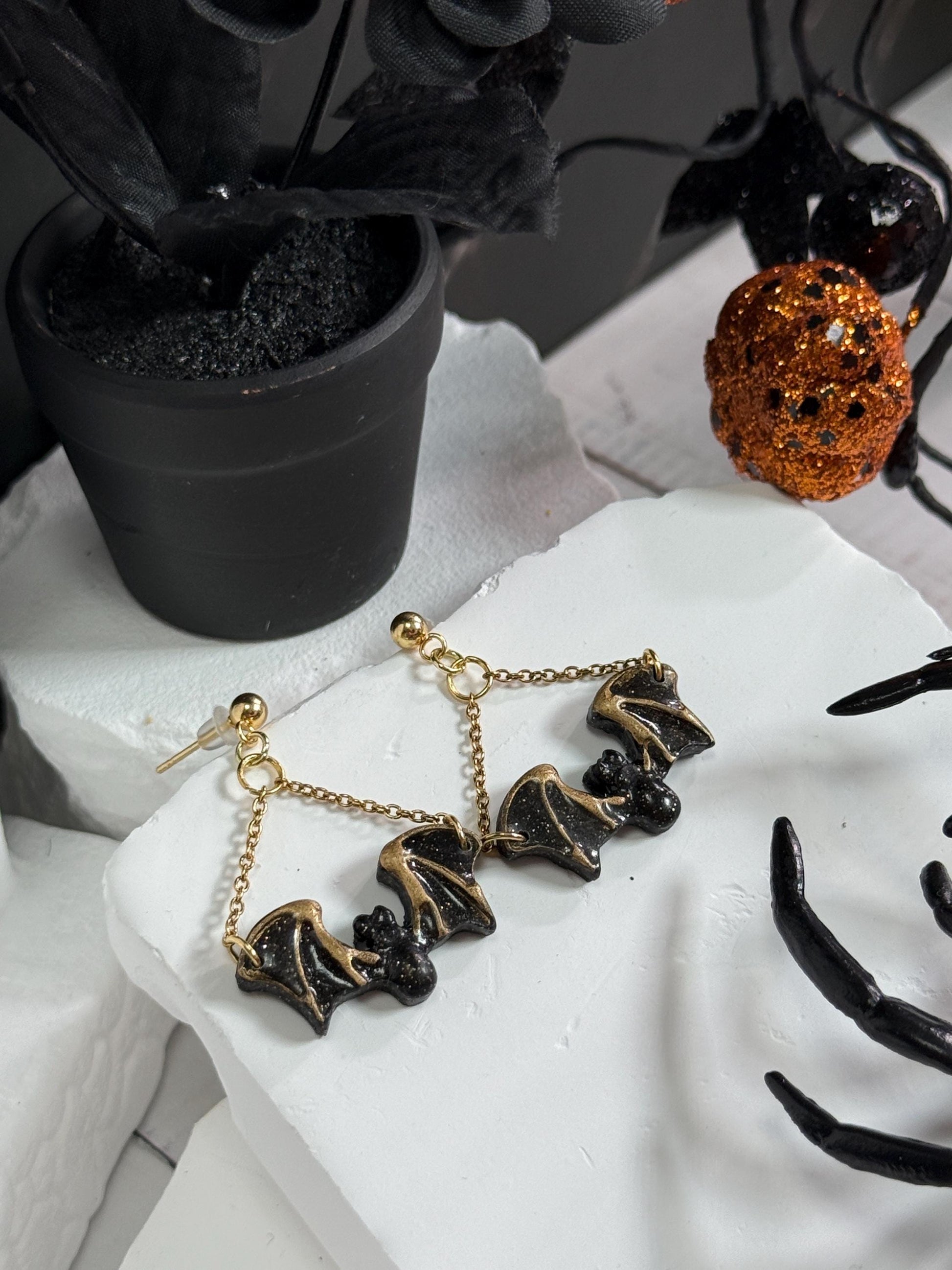 Halloween Earrings, Clay Earrings – Black Bat Chain Dangles in Resin & Gold | Spooky Fall Gift
