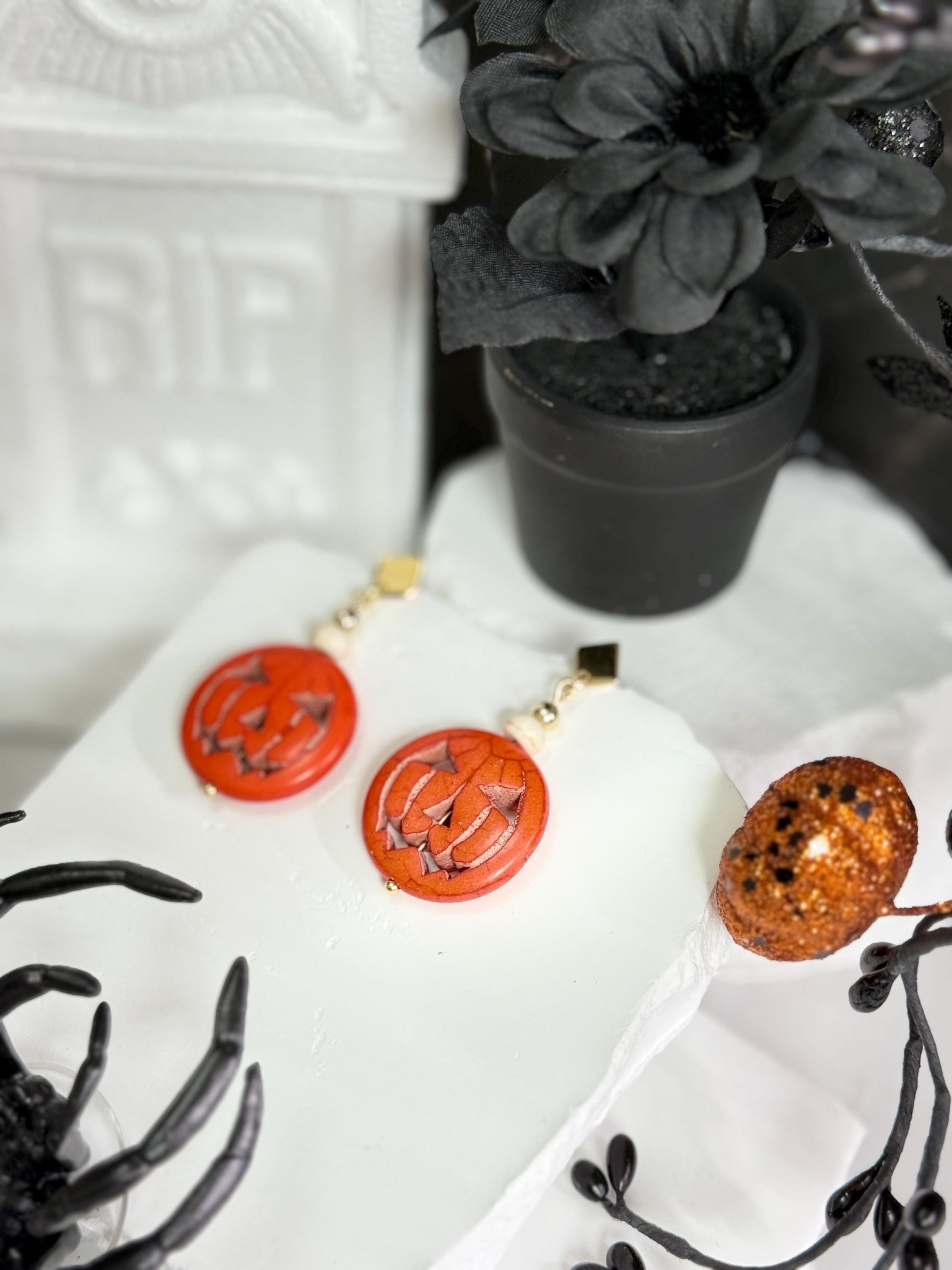 Halloween Earrings, Pumpkin Earrings — Jack-O’-Lantern Bead Dangles with Gold Accents