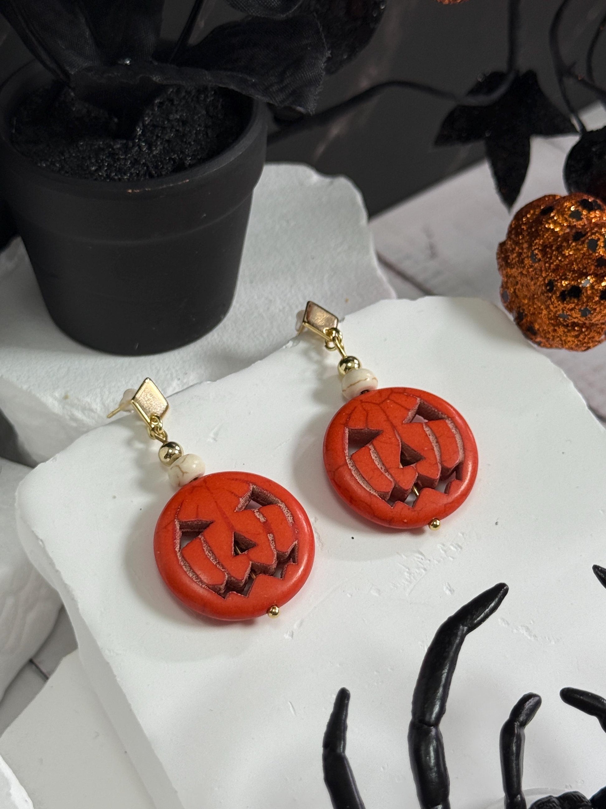 Halloween Earrings, Pumpkin Earrings — Jack-O’-Lantern Bead Dangles with Gold Accents