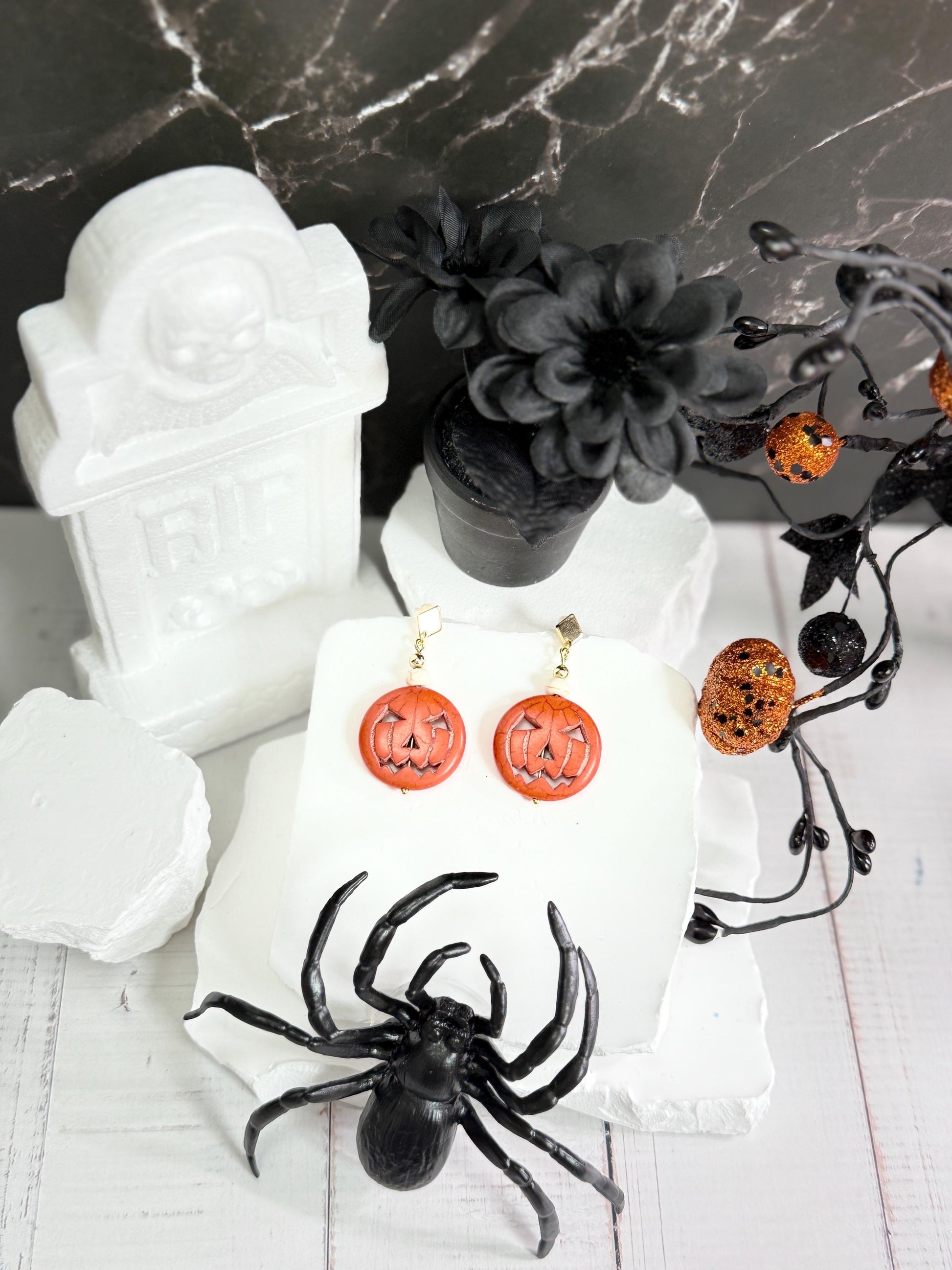 Halloween Earrings, Pumpkin Earrings — Jack-O’-Lantern Bead Dangles with Gold Accents