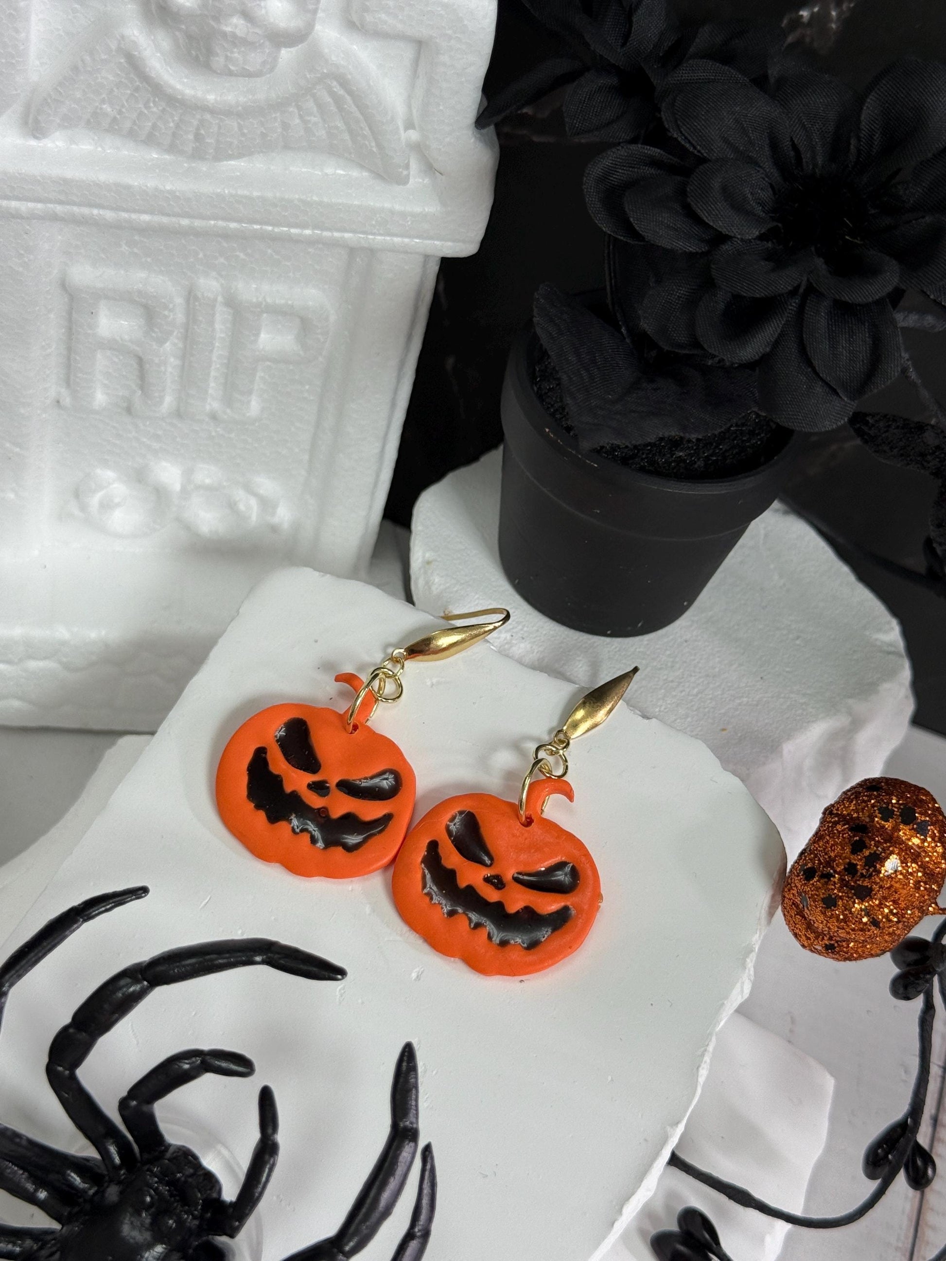 Halloween Earrings, Pumpkin Earrings — Handmade Jack-O’-Lantern Polymer Clay & Black Resin Dangles (Gold)