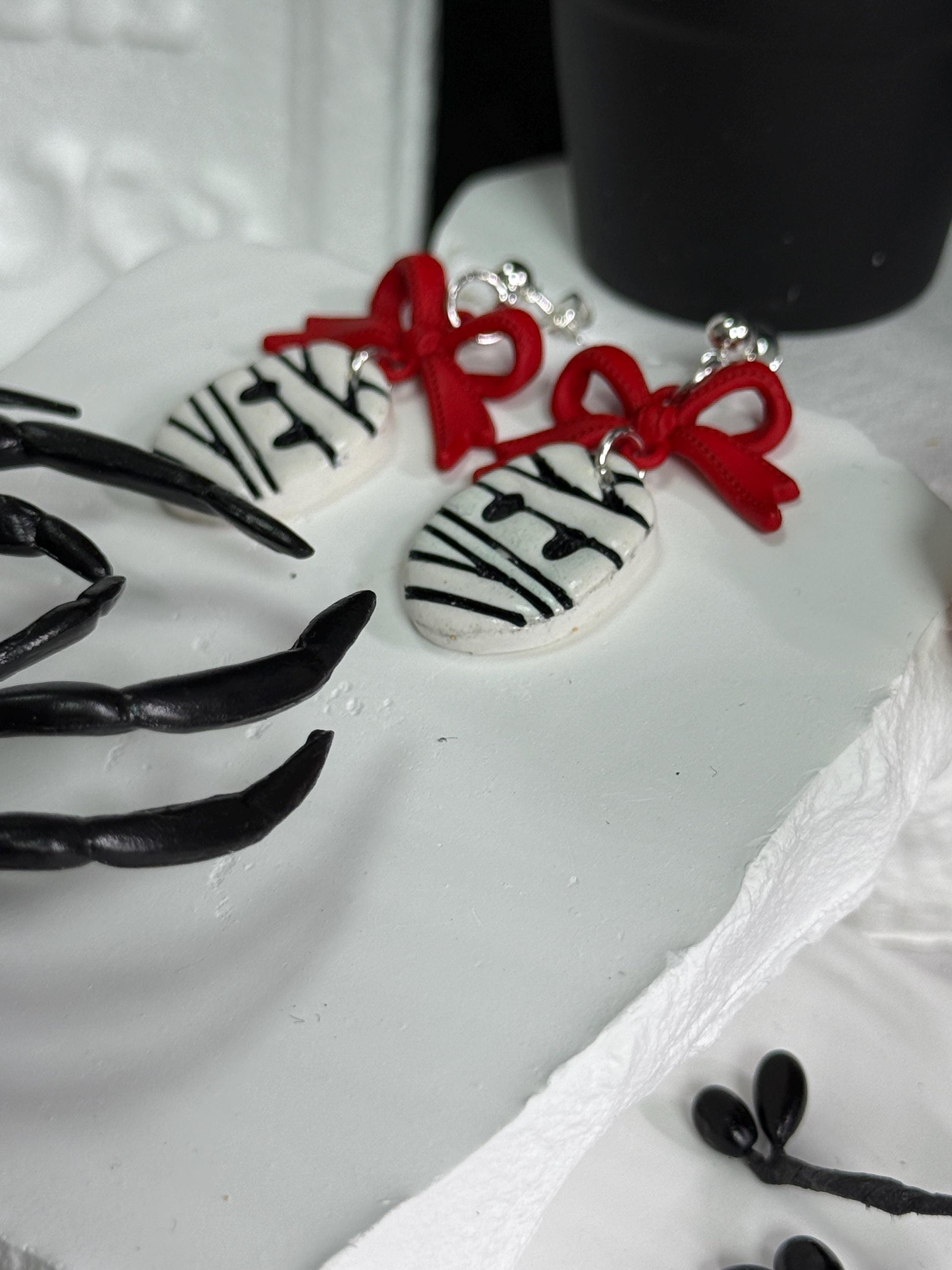 Mummy Polymer Clay Earrings: Red Bow Dangles, Halloween Novelty Jewelry