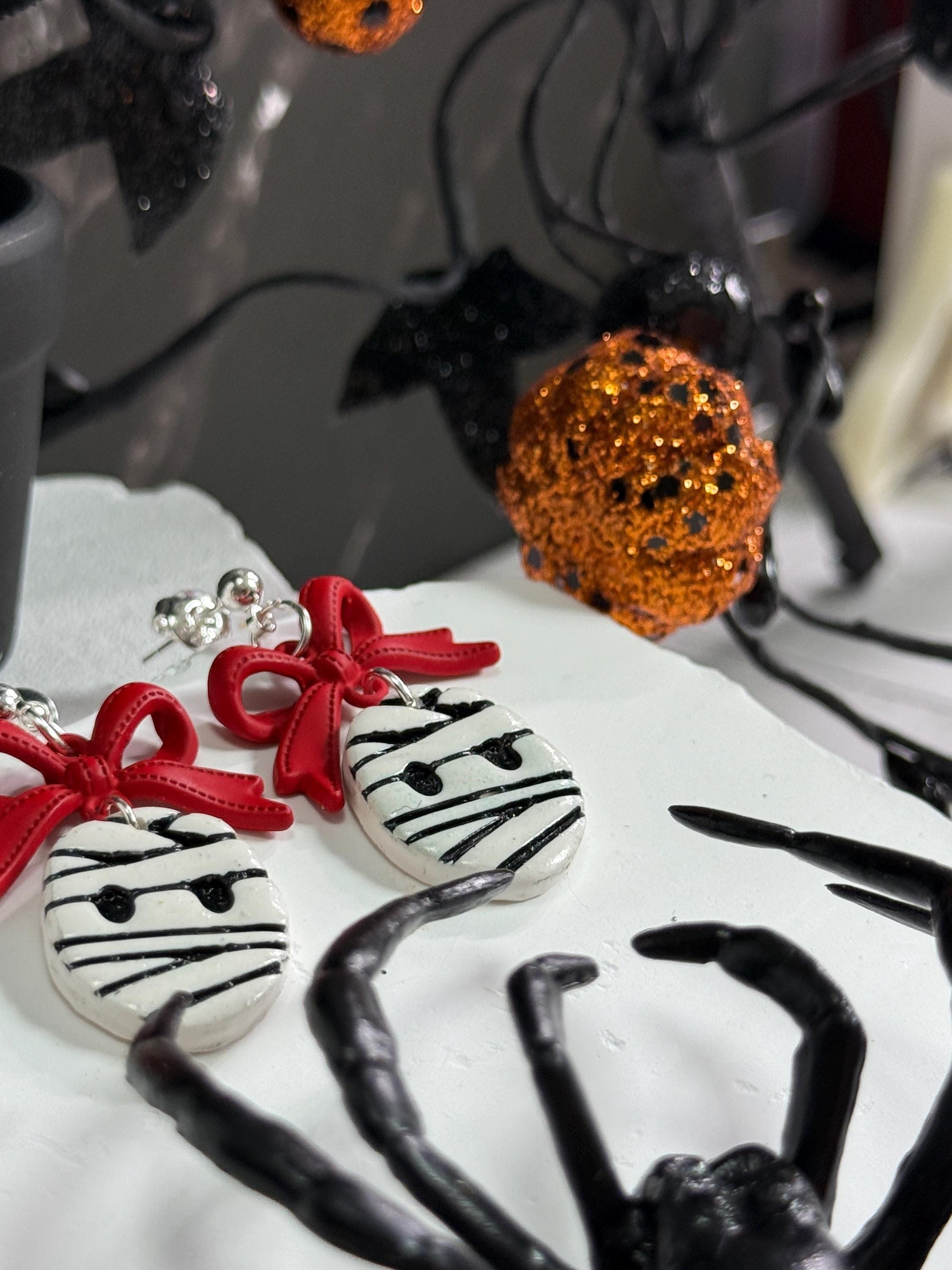 Mummy Polymer Clay Earrings: Red Bow Dangles, Halloween Novelty Jewelry