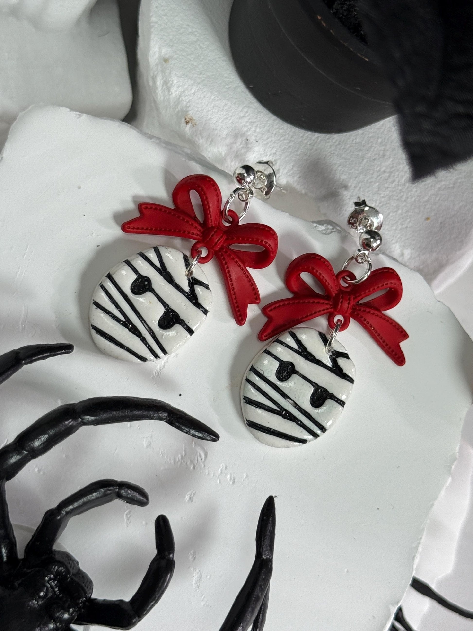 Mummy Polymer Clay Earrings: Red Bow Dangles, Halloween Novelty Jewelry
