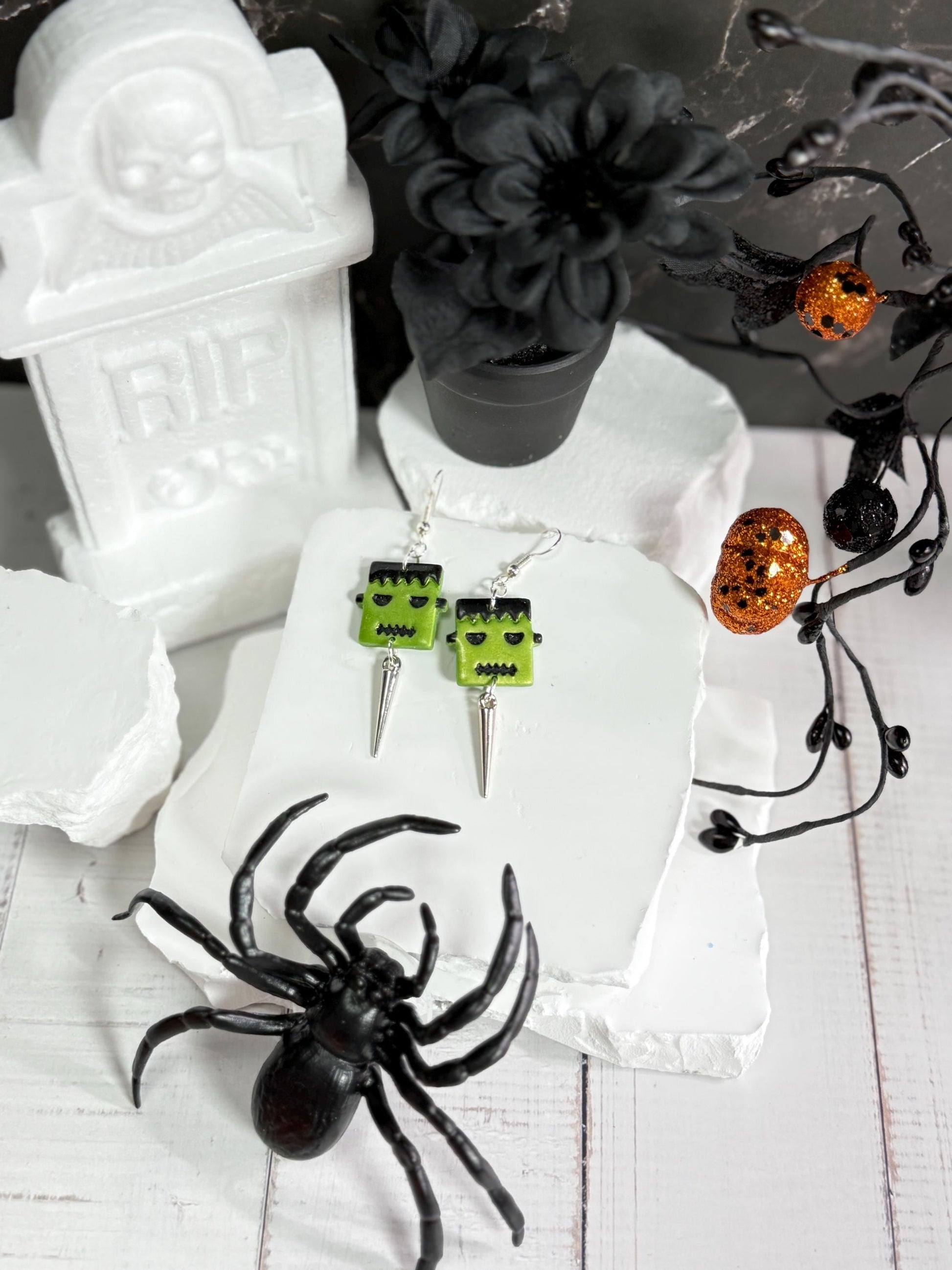 Frankenstein Earrings: Handmade Polymer Clay Monster Dangles with Silver Spikes