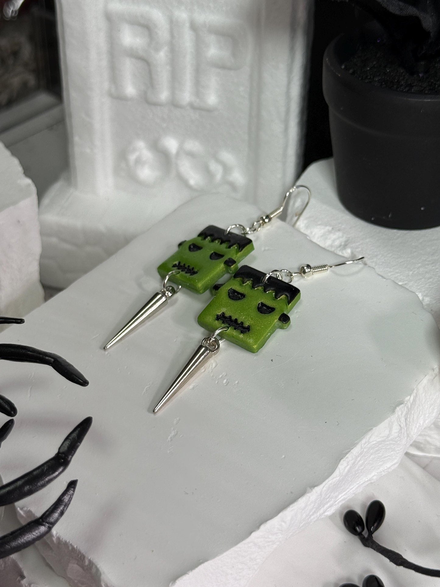 Frankenstein Earrings: Handmade Polymer Clay Monster Dangles with Silver Spikes