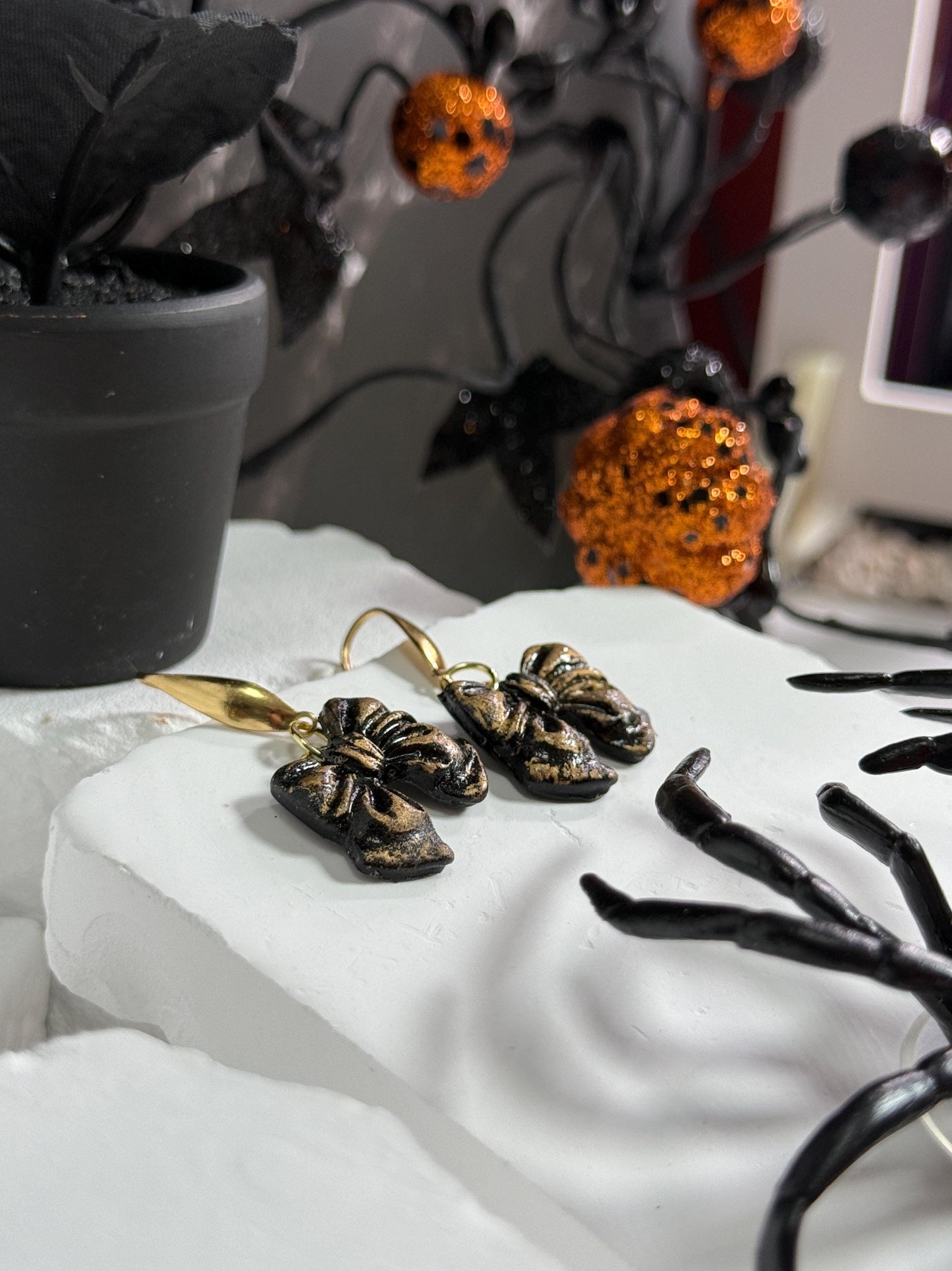 Black & Gold Bow Earrings: Gothic-Glam Polymer Clay Jewelry