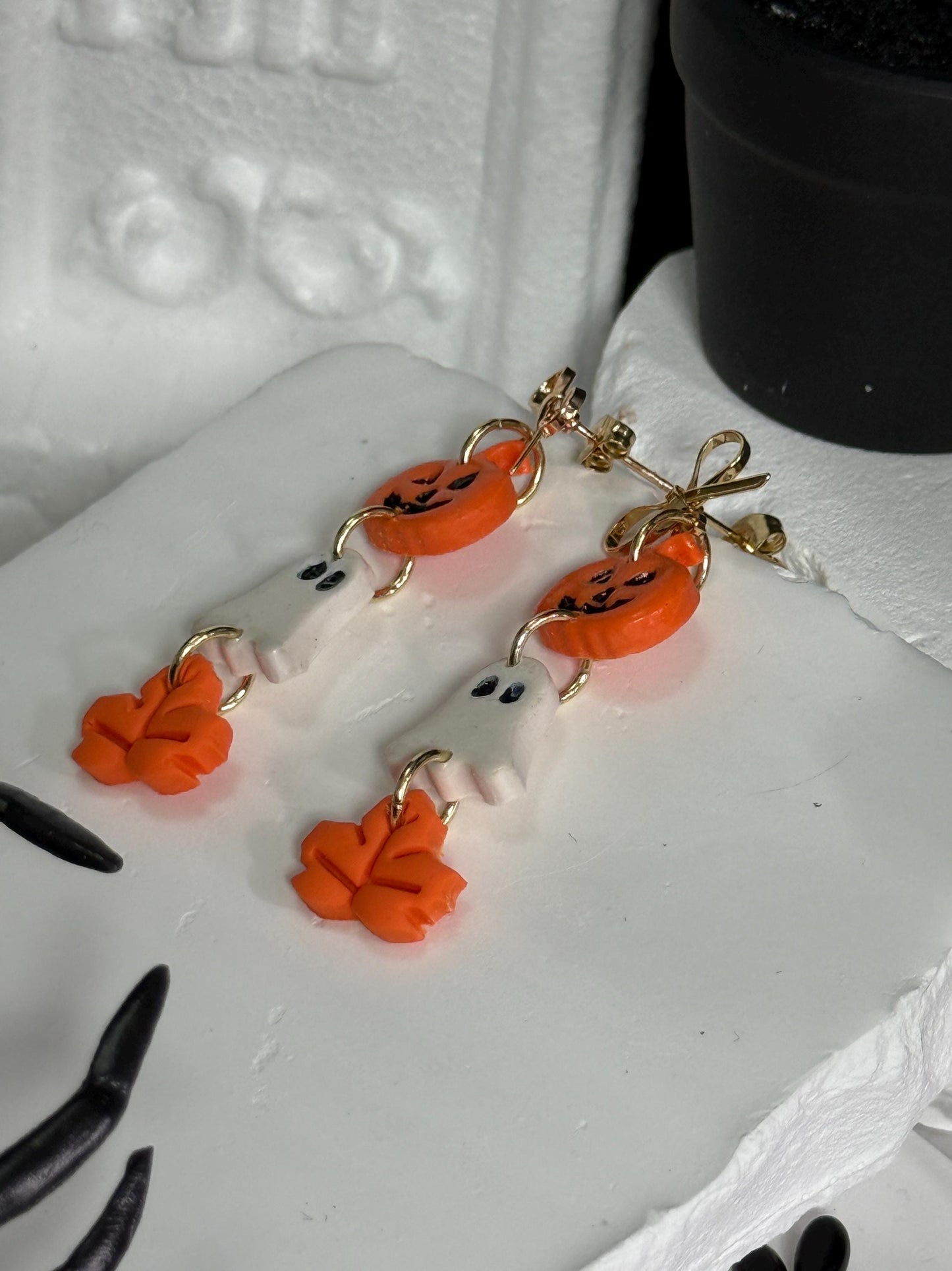 Halloween Polymer Clay Dangle Earrings: Pumpkin, Ghost & Leaf - Gold Bow