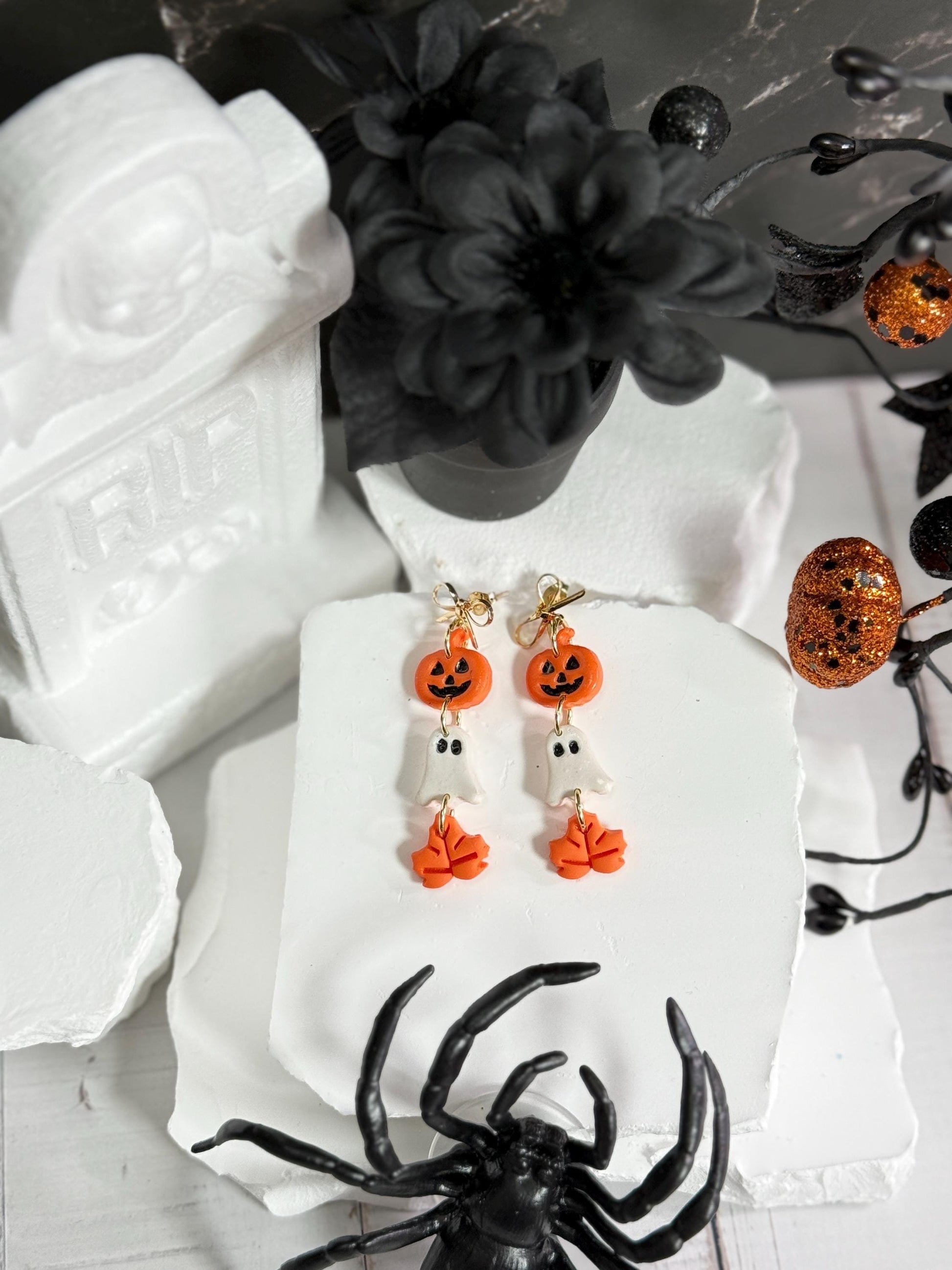 Halloween Polymer Clay Dangle Earrings: Pumpkin, Ghost & Leaf - Gold Bow