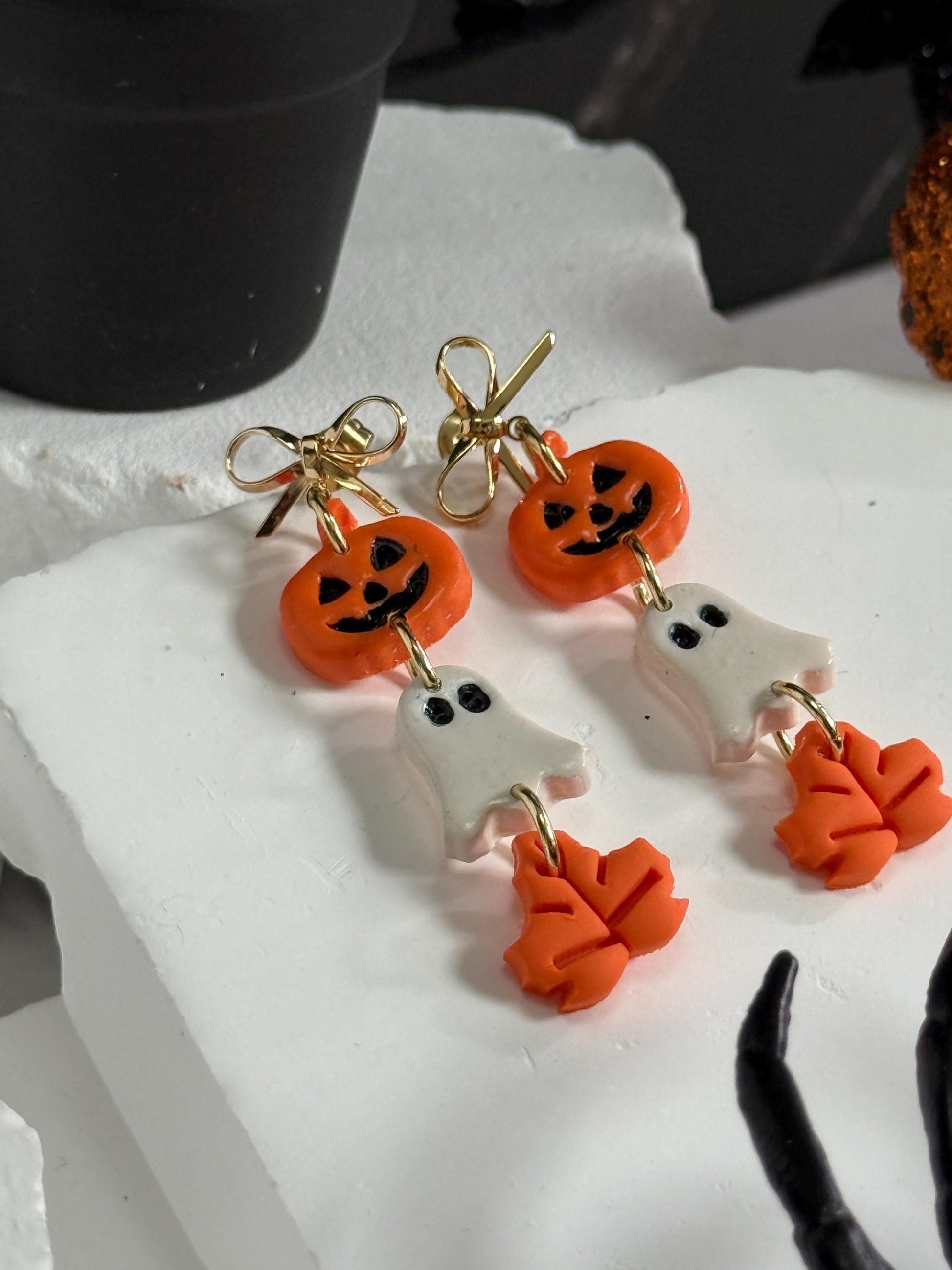 Halloween Polymer Clay Dangle Earrings: Pumpkin, Ghost & Leaf - Gold Bow