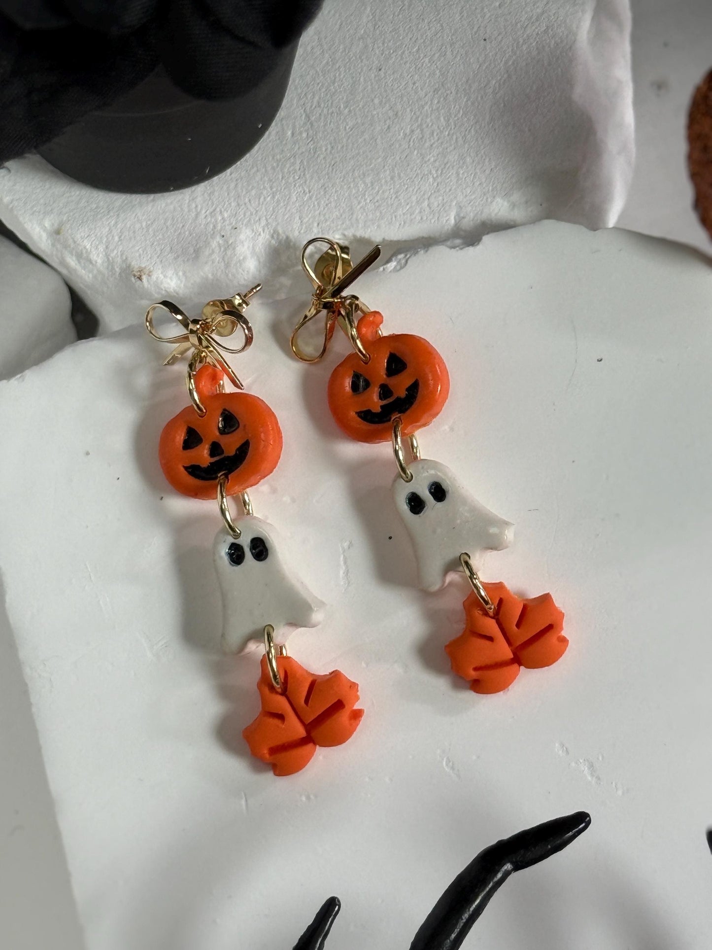 Halloween Polymer Clay Dangle Earrings: Pumpkin, Ghost & Leaf - Gold Bow