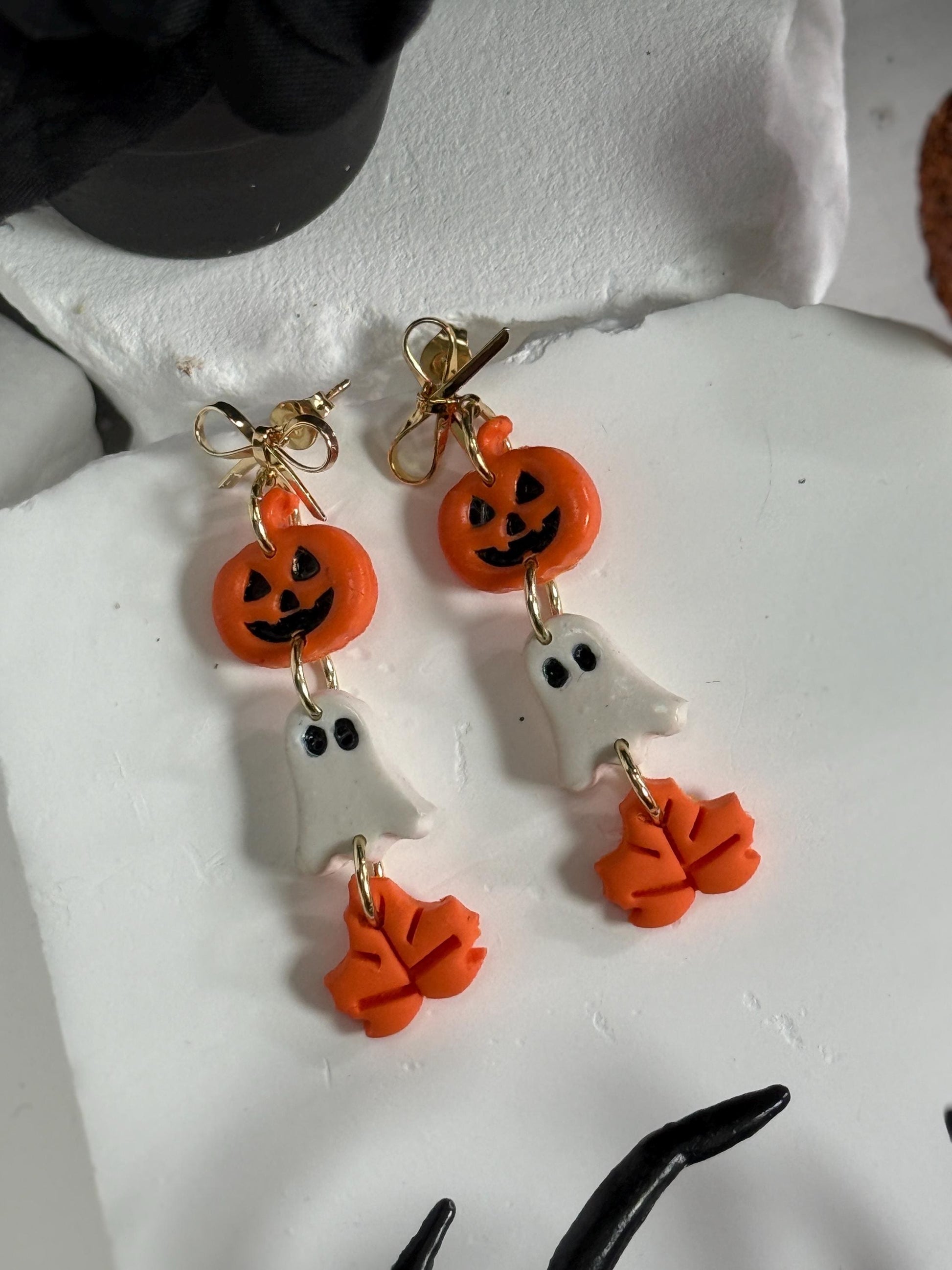 Halloween Polymer Clay Dangle Earrings: Pumpkin, Ghost & Leaf - Gold Bow