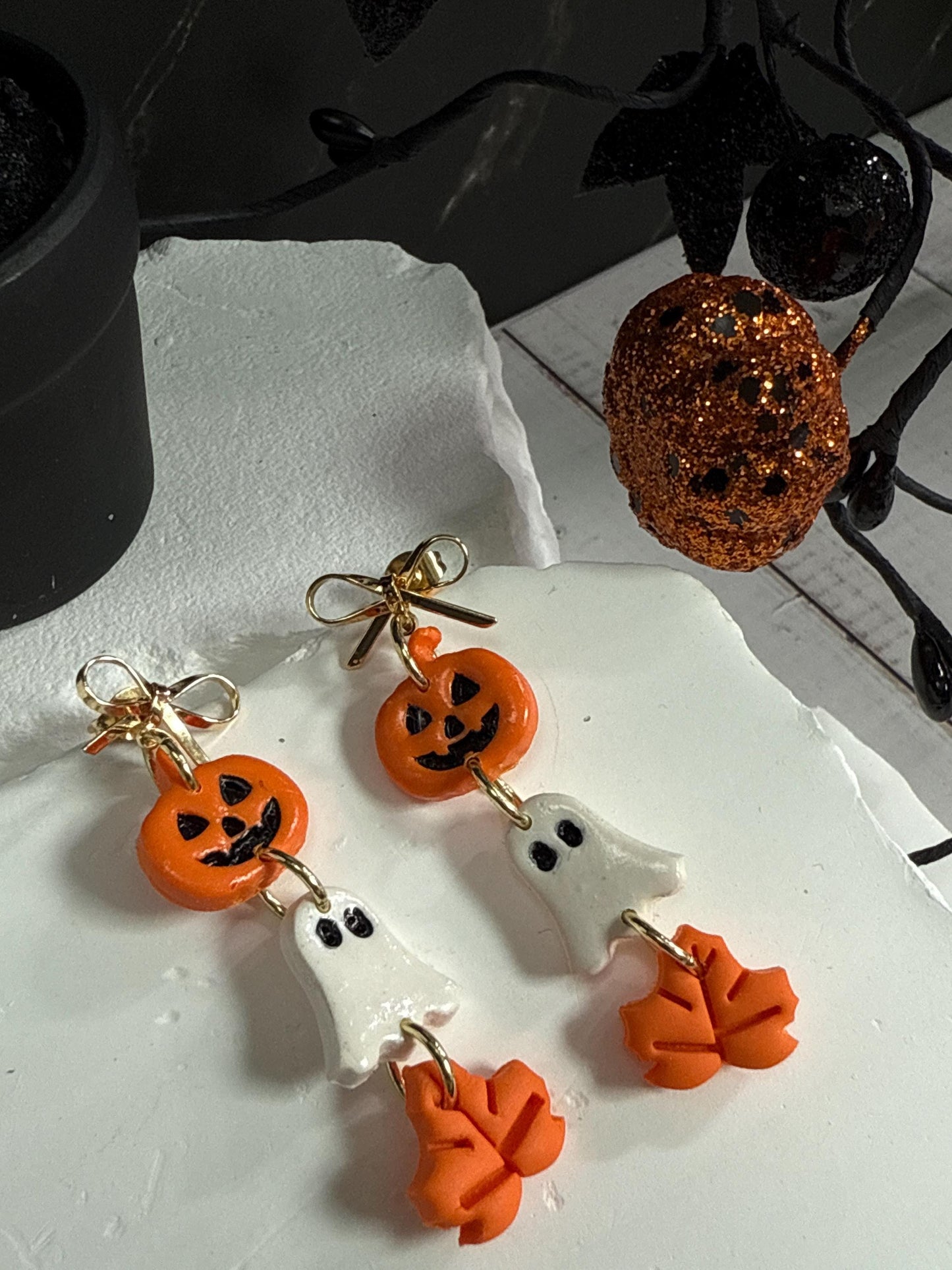 Halloween Polymer Clay Dangle Earrings: Pumpkin, Ghost & Leaf - Gold Bow