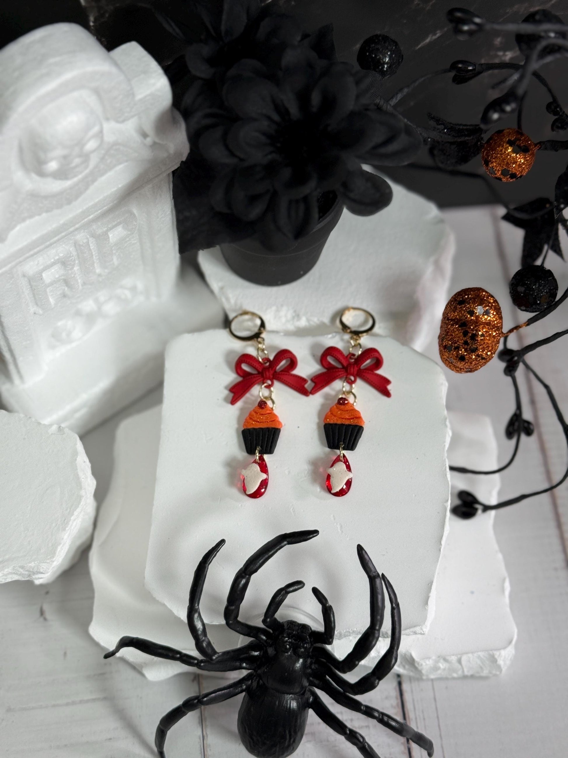 Ghost Cupcake Dangle Earrings: Polymer Clay, Bow Accent, Gold Leverbacks
