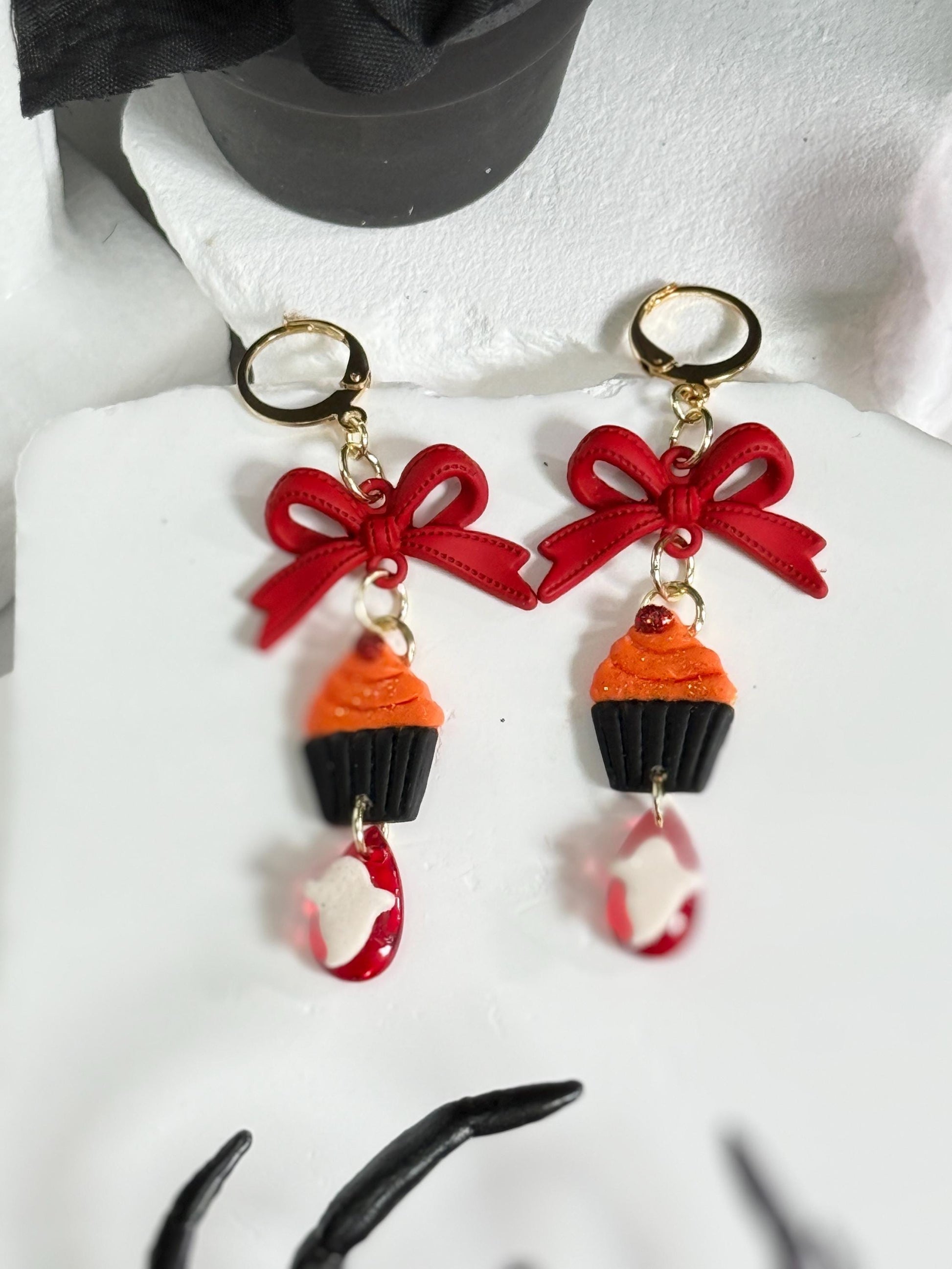 Ghost Cupcake Dangle Earrings: Polymer Clay, Bow Accent, Gold Leverbacks
