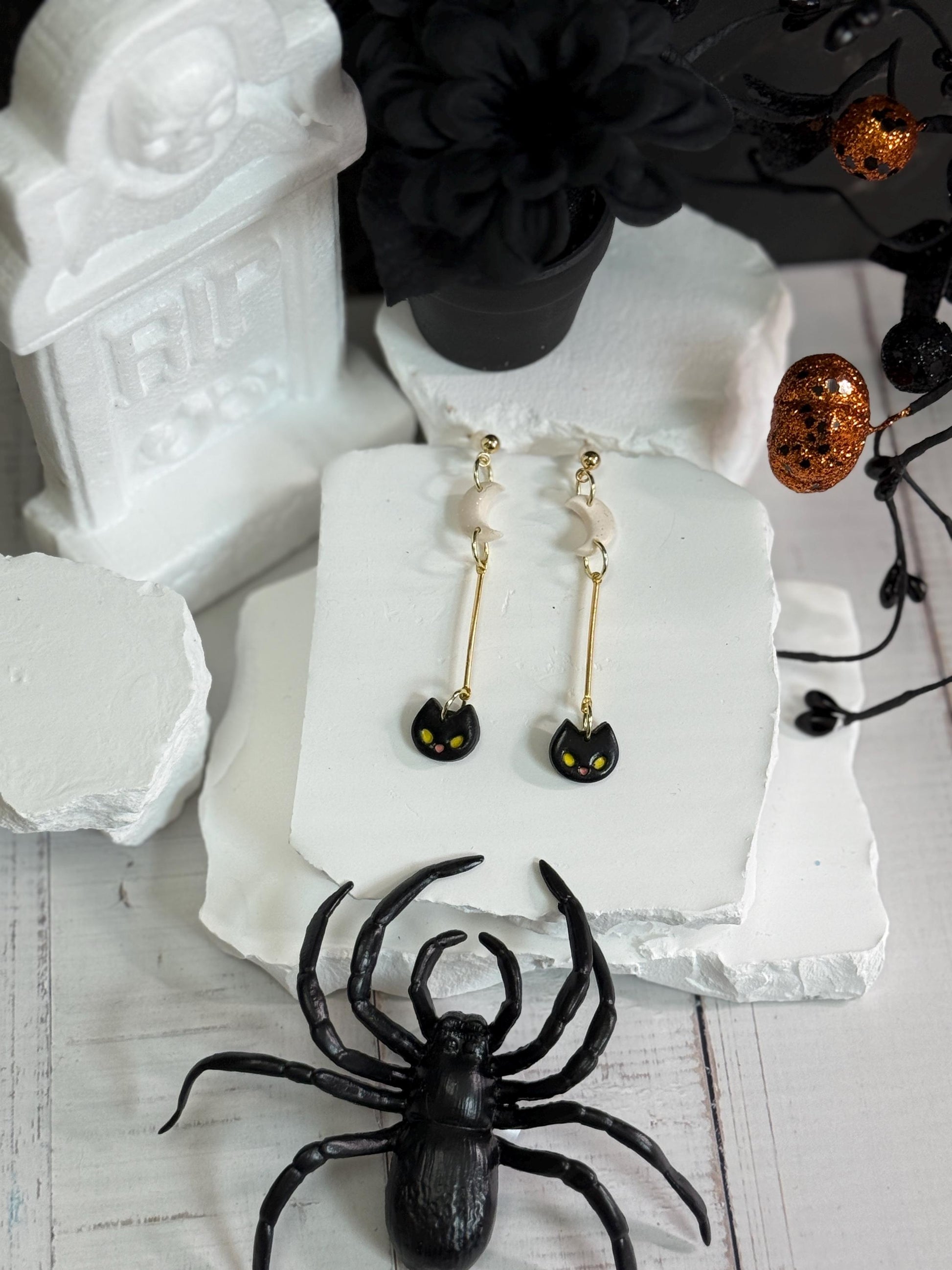 Black Cat Dangle Earrings: Polymer Clay Moon, Gold Bar - Halloween Jewelry