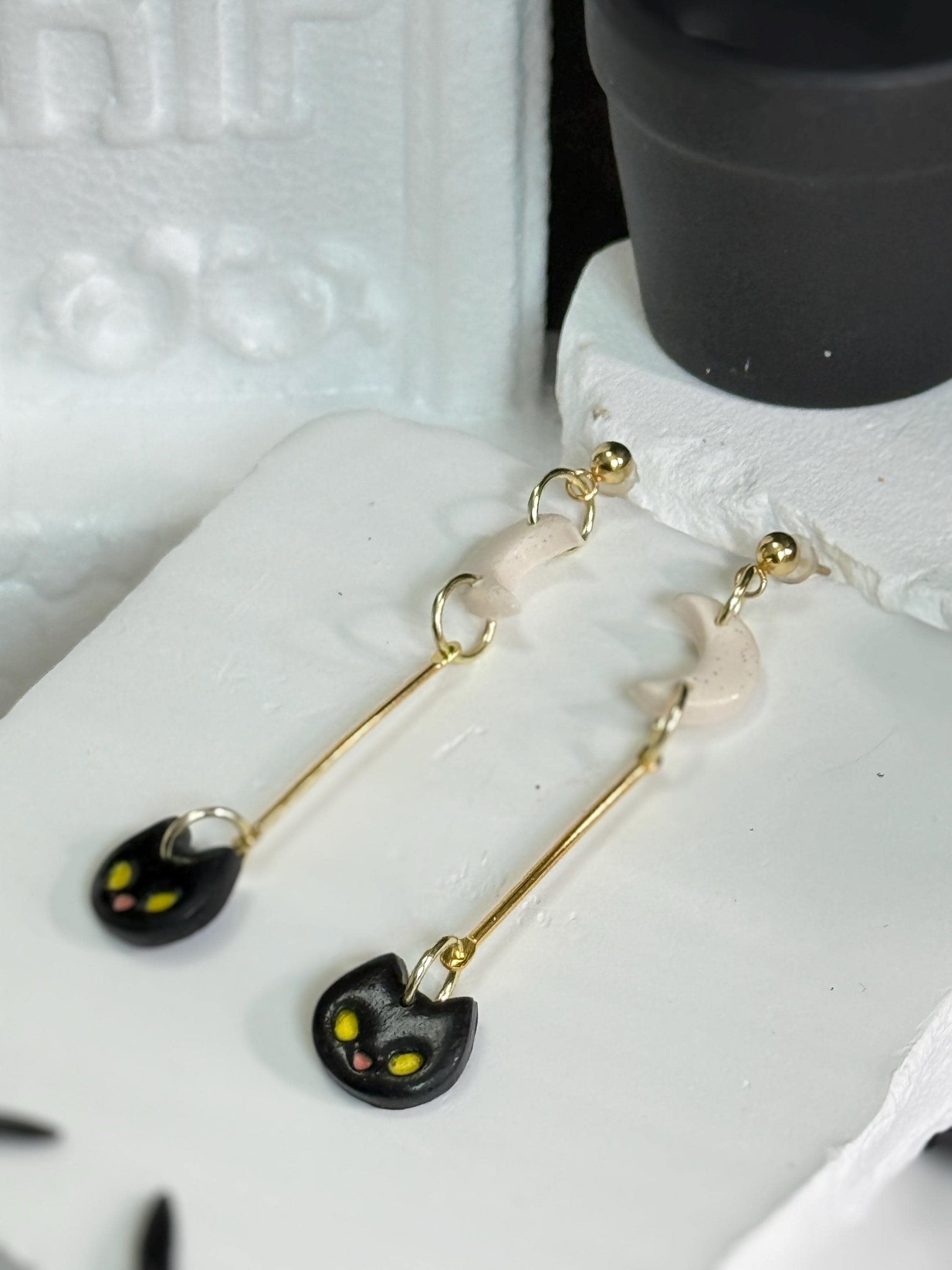 Black Cat Dangle Earrings: Polymer Clay Moon, Gold Bar - Halloween Jewelry