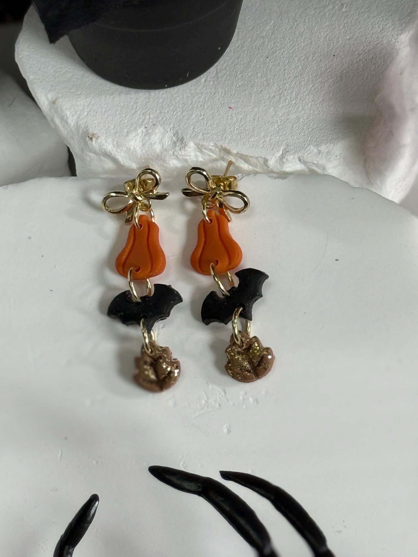Pumpkin Bat Earrings • Clay & Glitter Dangles • Gold Bow Studs • Halloween Earrings • Spooky Cute Fall Jewelry • Autumn Party Gift