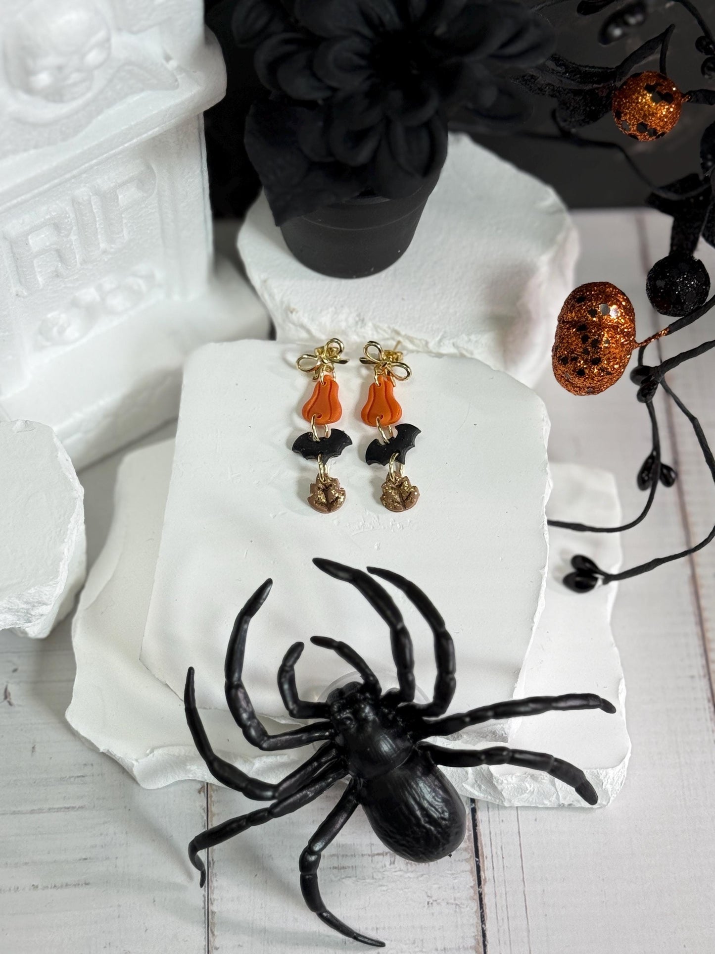 Pumpkin Bat Earrings • Clay & Glitter Dangles • Gold Bow Studs • Halloween Earrings • Spooky Cute Fall Jewelry • Autumn Party Gift