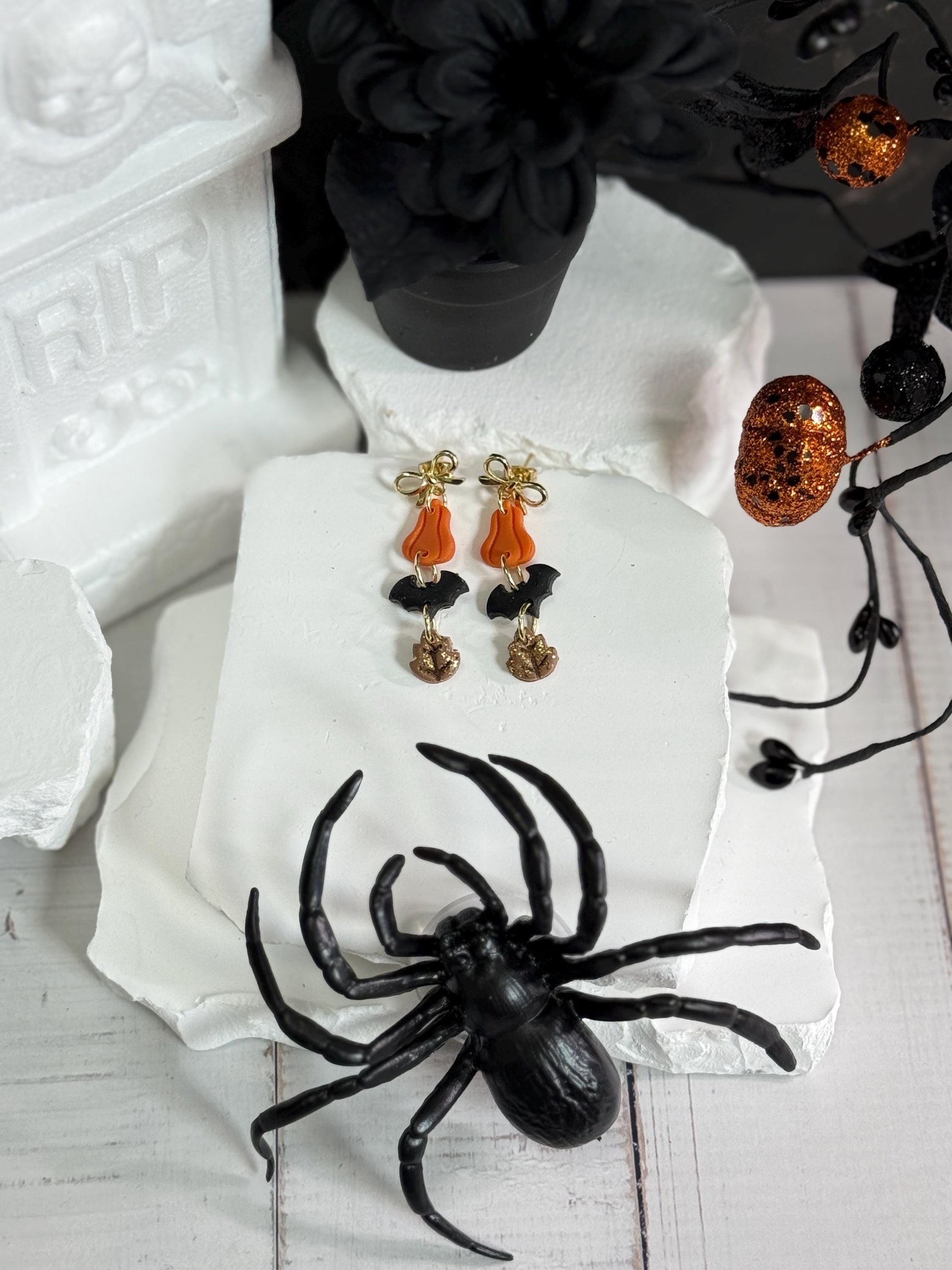 Pumpkin Bat Earrings • Clay & Glitter Dangles • Gold Bow Studs • Halloween Earrings • Spooky Cute Fall Jewelry • Autumn Party Gift