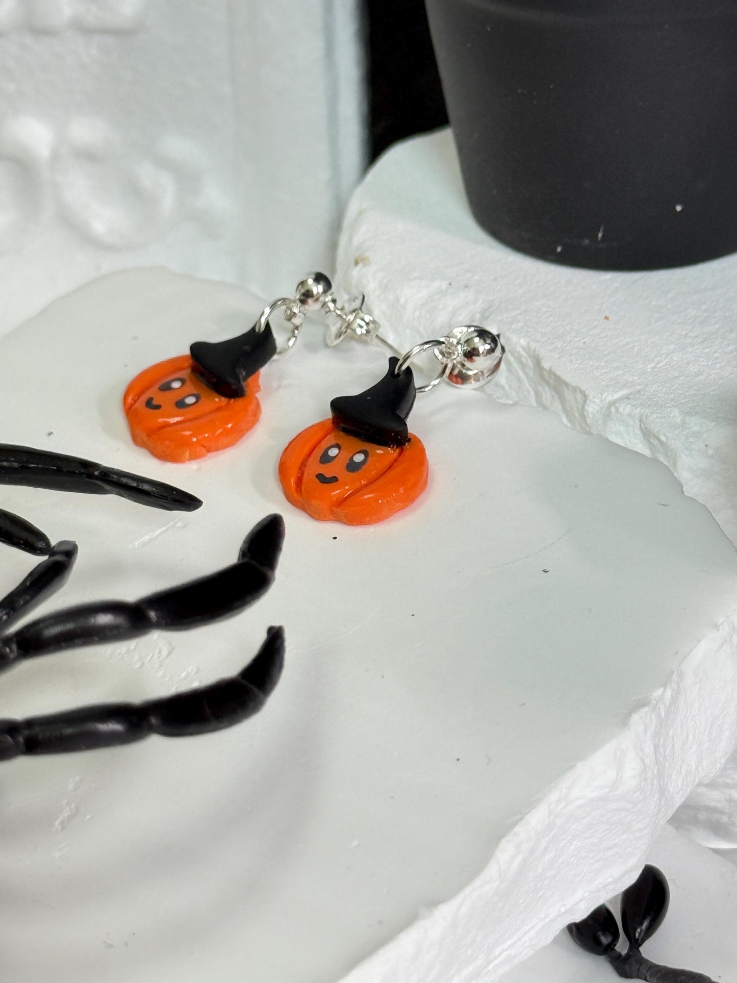 Kawaii Pumpkin Witch Earrings: Polymer Clay Dangles, Nickel-Free