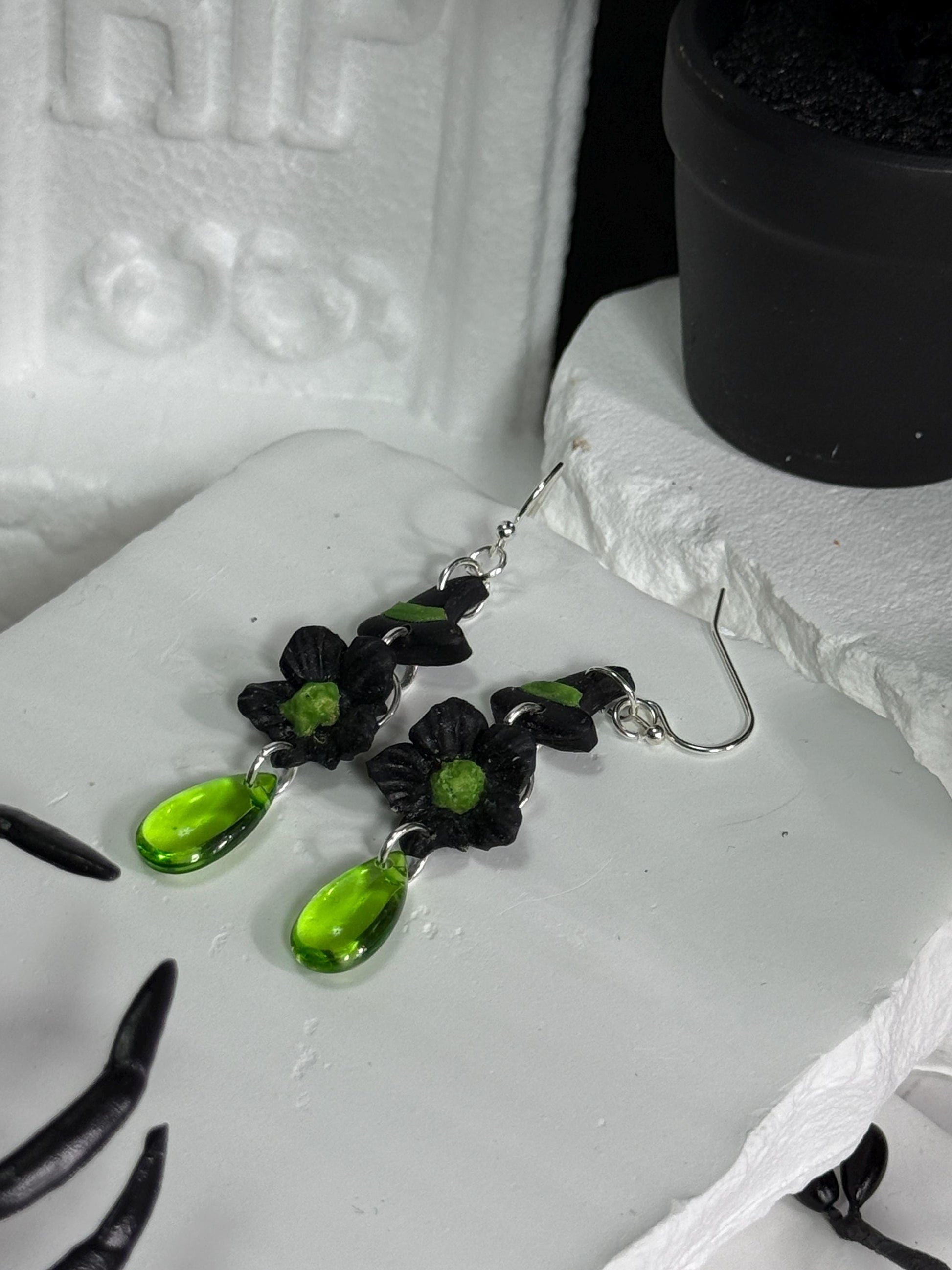 Witch Hat Polymer Clay Dangle Earrings: Sterling Silver, Green Drops