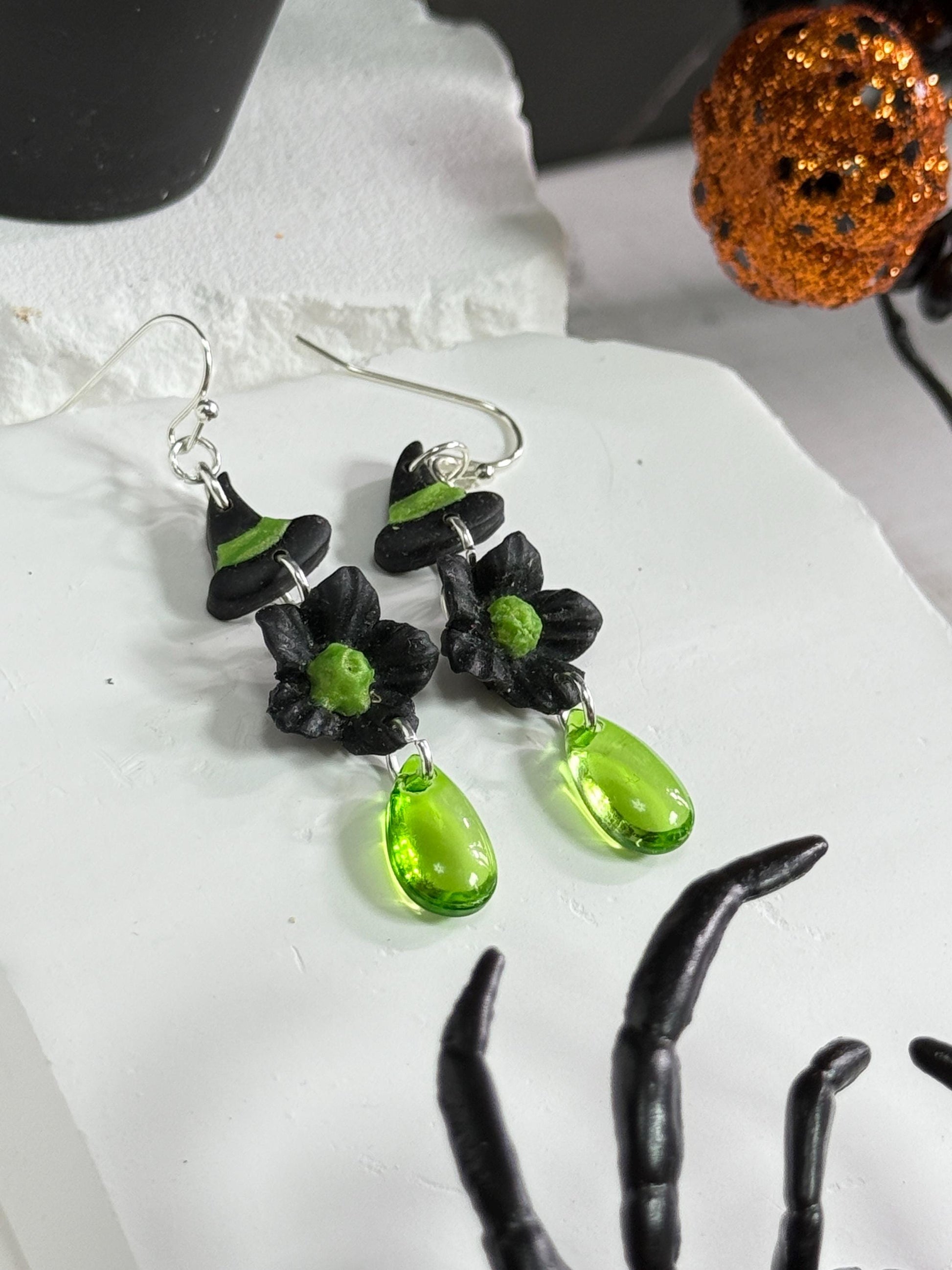 Witch Hat Polymer Clay Dangle Earrings: Sterling Silver, Green Drops