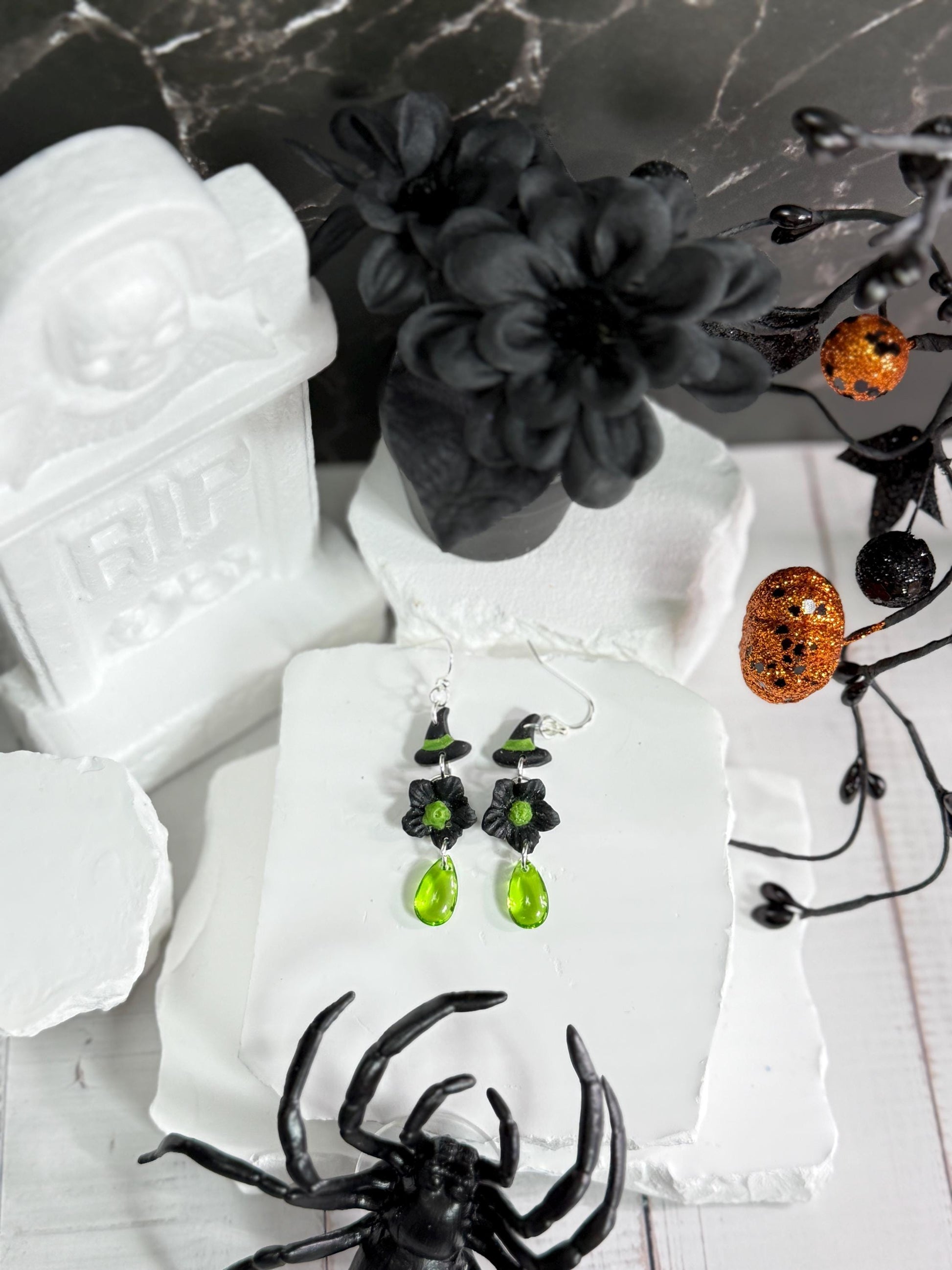 Witch Hat Polymer Clay Dangle Earrings: Sterling Silver, Green Drops